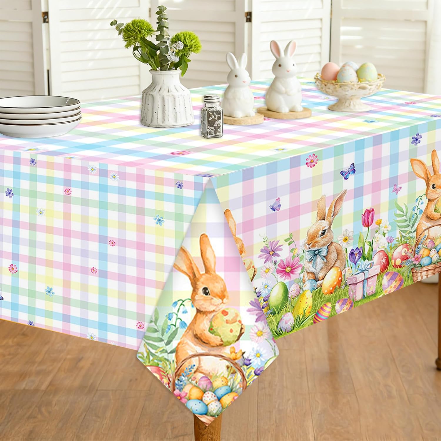 3 PCS Easter Tablecloth Colorful Bunny Egg Floral Designs Plastic Table Cloth Disposable Rectangle Table Cloth for Spring Easter Birthday Party Decorations