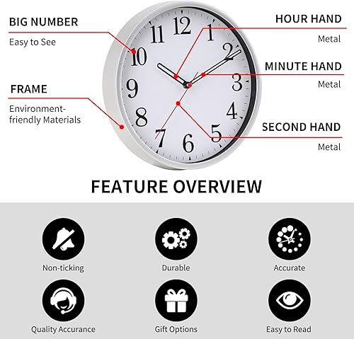 Miniatura 3 de Paquete de 2 relojes de pared con pilas, color negro, silencioso, pequeño, moderno, analógico, reloj de pared que no hace tictac para cocina,