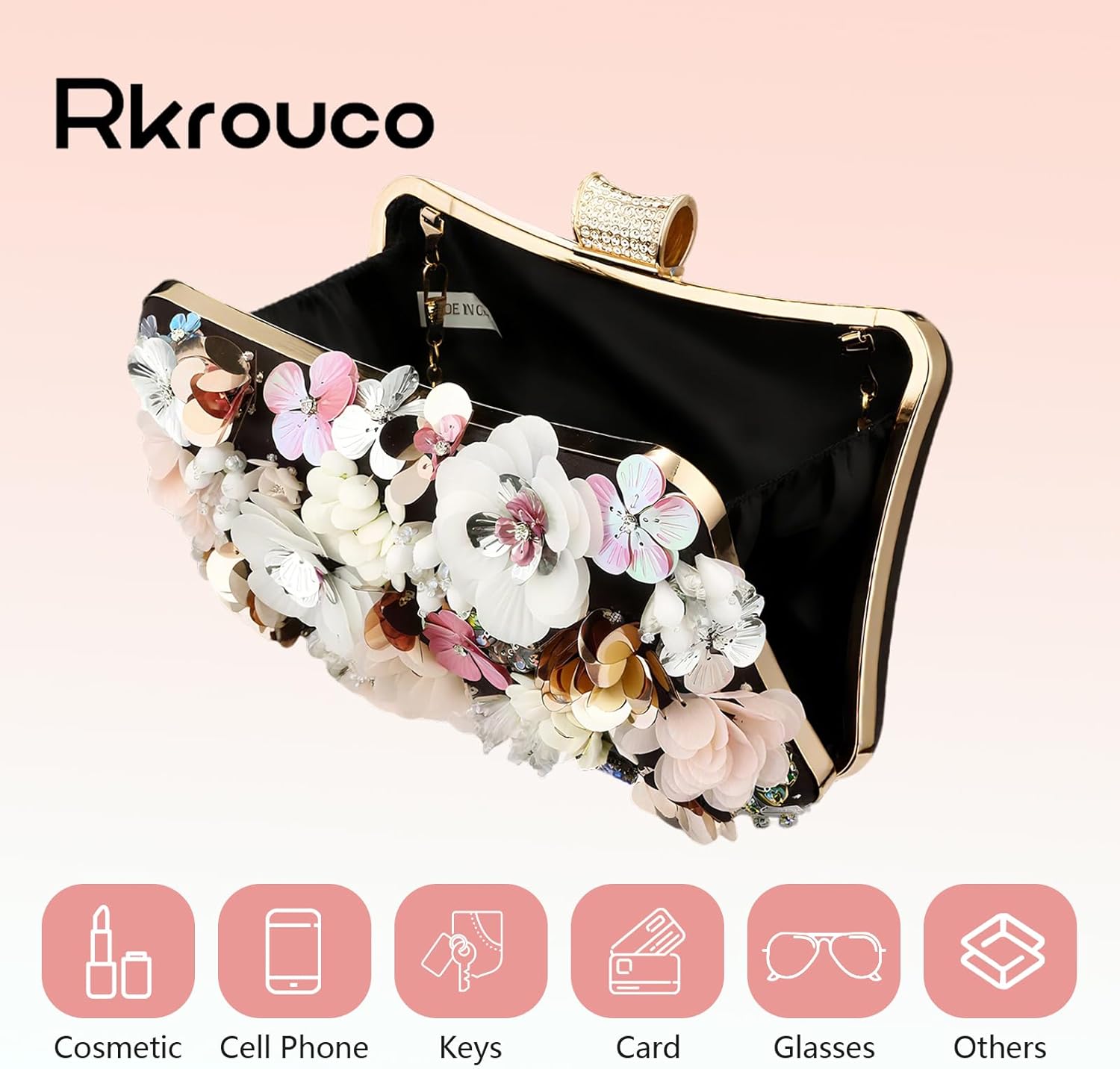 Women's Floral Evening Clutch Bag - Colorful Flower Handbag with Metal Rhinestones - Image 5
