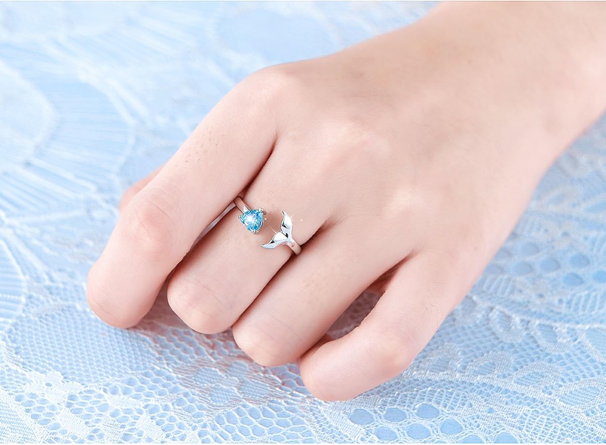 Vista 2 de S925 Sterling Sliver Dolphin Mermaid Tail Ring Love Heart Blue Cubic Zirconia Open Ring,7#