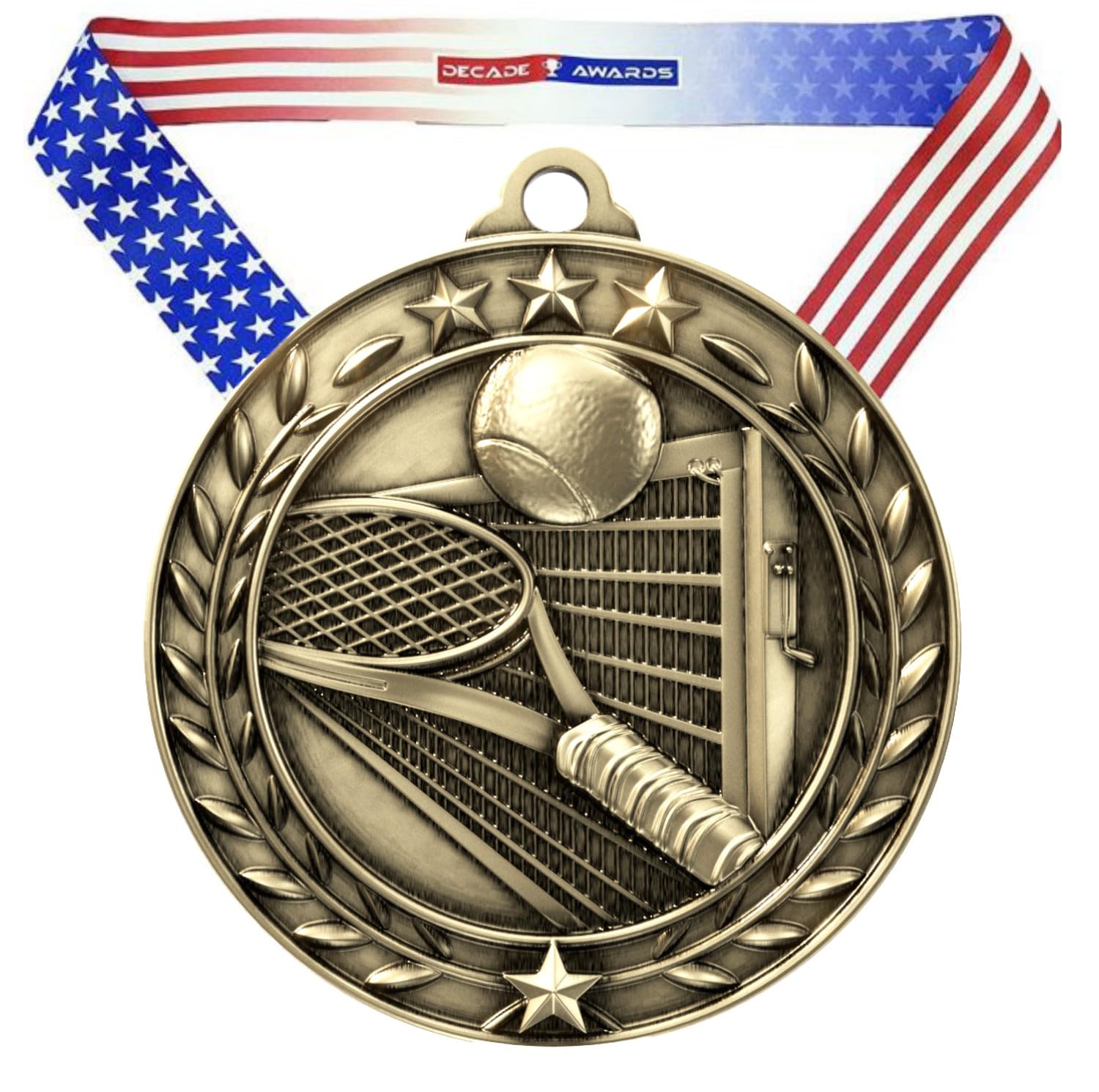 Decade Awards Wreath Tennis Medal - Gold 1st Place Medal w/Ribbon, 2.75 Inch - Custom Engraved Tennis Award for Matches, Tournaments, and Club Event