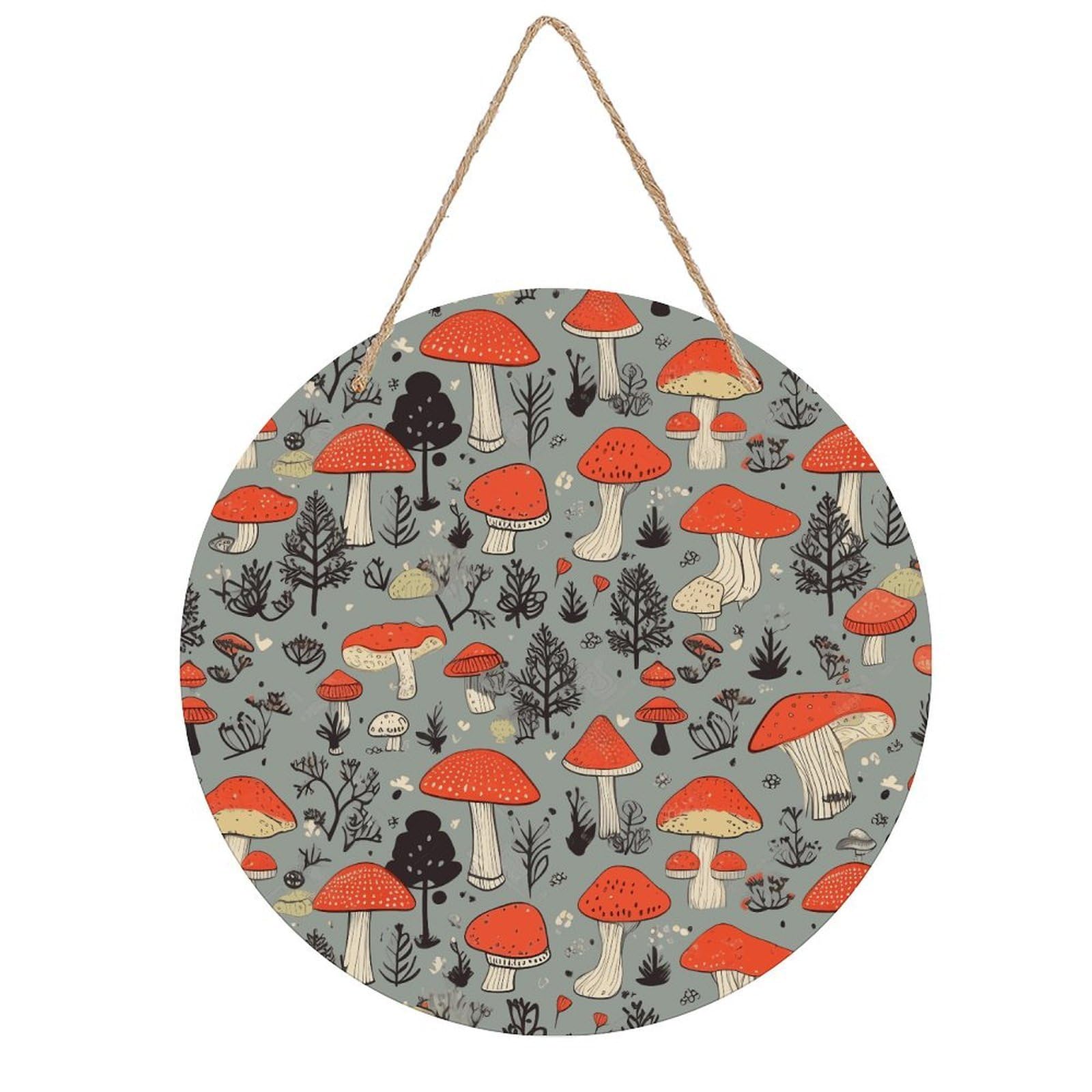 FekiLoot Mushroom2 Wall Art Decor Rustic Vintage Hanging Wall Sign Aesthetic Welcome Door Sign with Rope, Round Wood Walls Decoration Picture for Home Front Door 7.9x7.9 in
