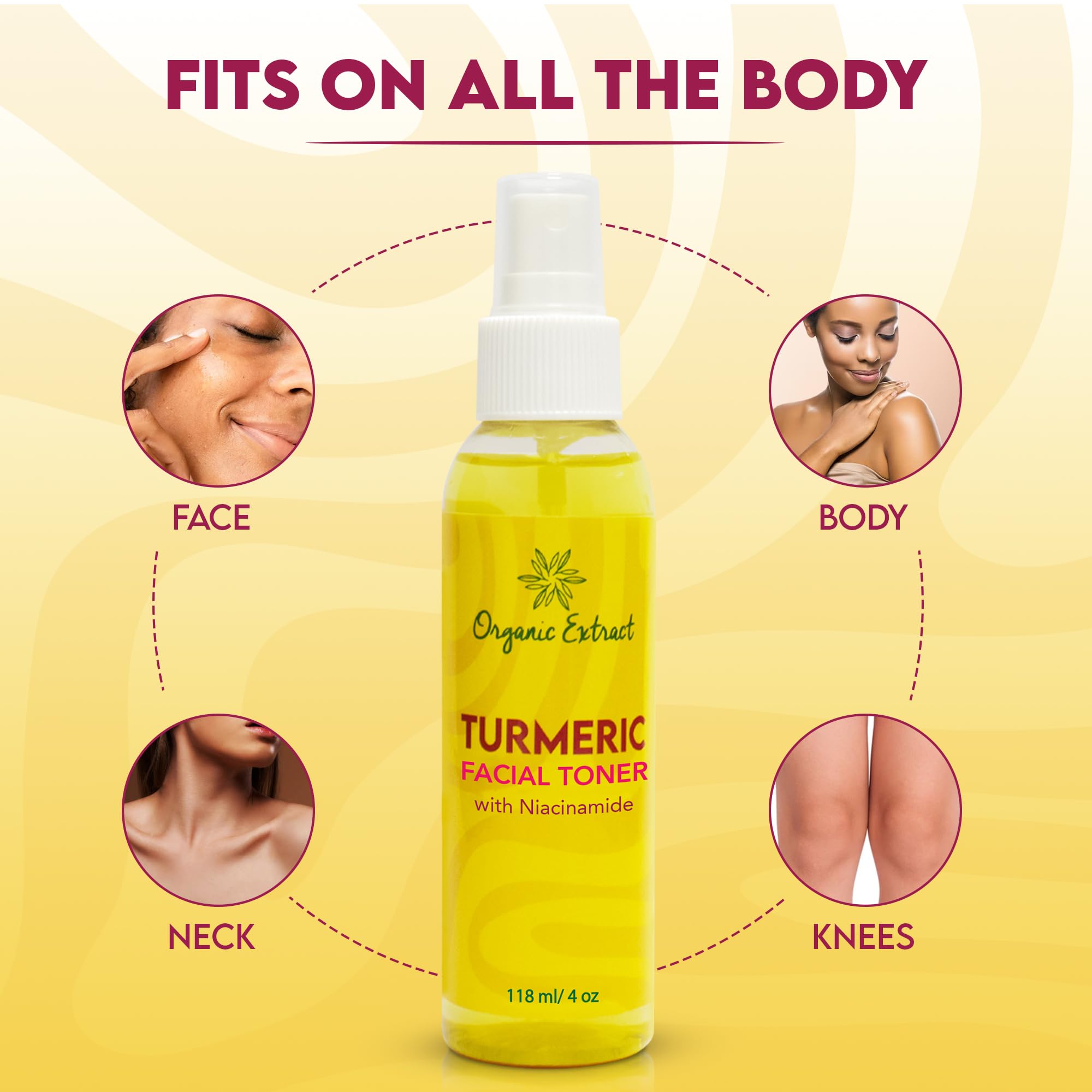 Toner Visage à l'Extrait de Curcuma Bio - 4 fl oz / 118 ml - Tonique Éclaircissant pour le Visage, Élimine Doucement les Impuretés - Tonique Exfoliant et Hydratant avec Glycérine, Aloe Vera