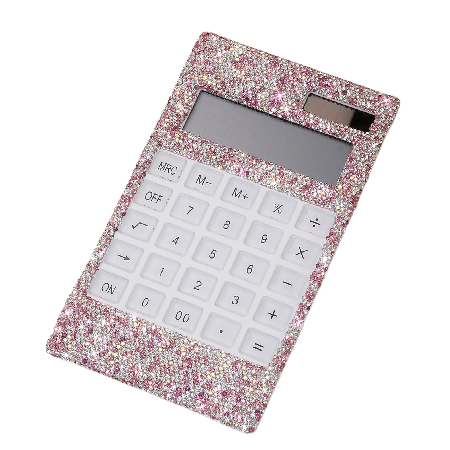 Bling Crystal Calculator, Battery and Solar Hybrid Powered Basic Calculator 12-Digit LCD Display,Home Office Desktop Accessories -Pink