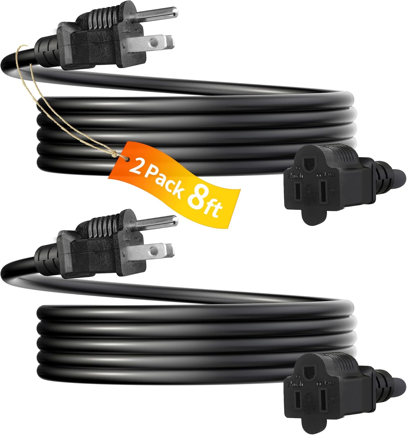 2 Pack 8FT Extension Cord 3 Prong 16 Gauge AWG Heavy Duty Power Cord, NEMA 5-15P to NEMA 5-15R ETL Listed, 8 Feet Power Cable for Home Office Indoor and Outdoor Use