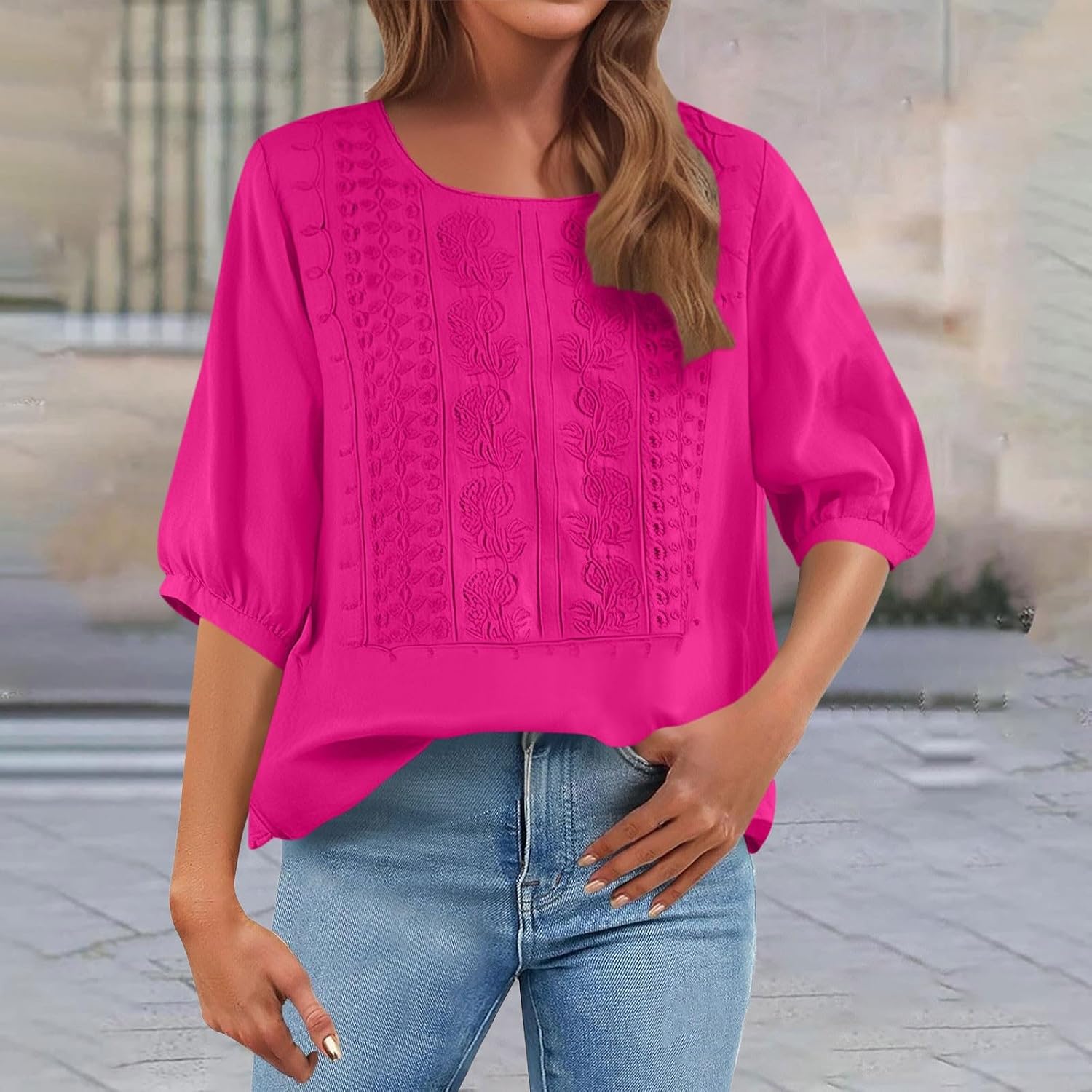 Women's Retro Embroidery T Shirt Summer Boho Short Sleeve Crewneck Tops Loose Fit Cotton Linen Tunic Vacation Blouse