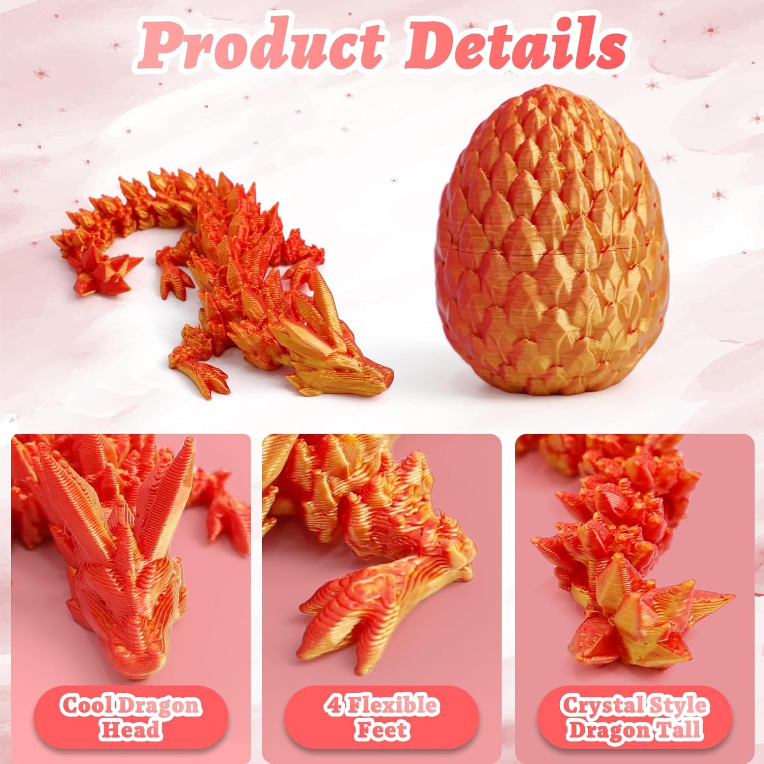 4 Pack 3D Printed Dragon in Egg - Gemstone Egg with Flexible Crystal Dragon Inside, Cute Fidget Toy, Birthday Gift, Desk Pet Figure, Easter Basket Essentials (4A3)
