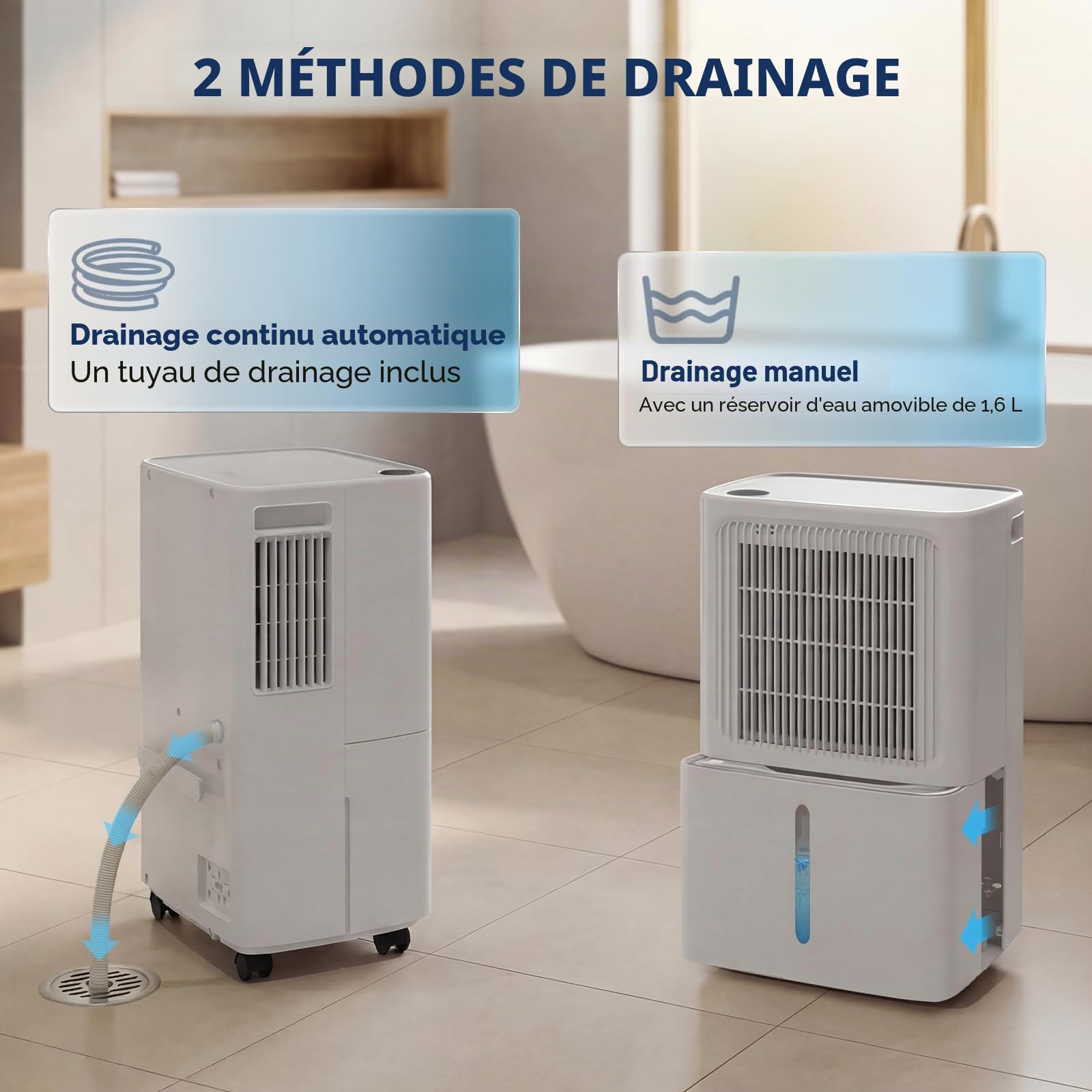 LEENON 12L/24h Deshumidificateur d Air Ultra-Silencieux, Modes Intelligent/Continu/Nuit, Double Système de Drainage, Arrêt/Redémarrage Automatique, Minuterie 24H, 30m² pour Chambre, Cav
