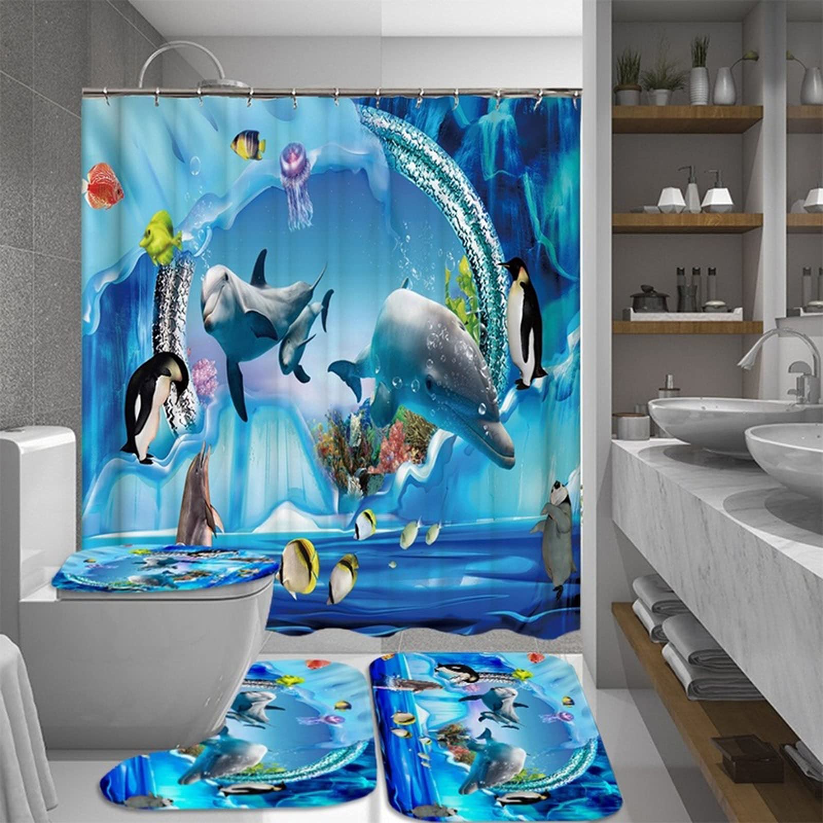 Rideau de douche marine life 4 pièces avec tapis de bain antidérapant et 12 crochets