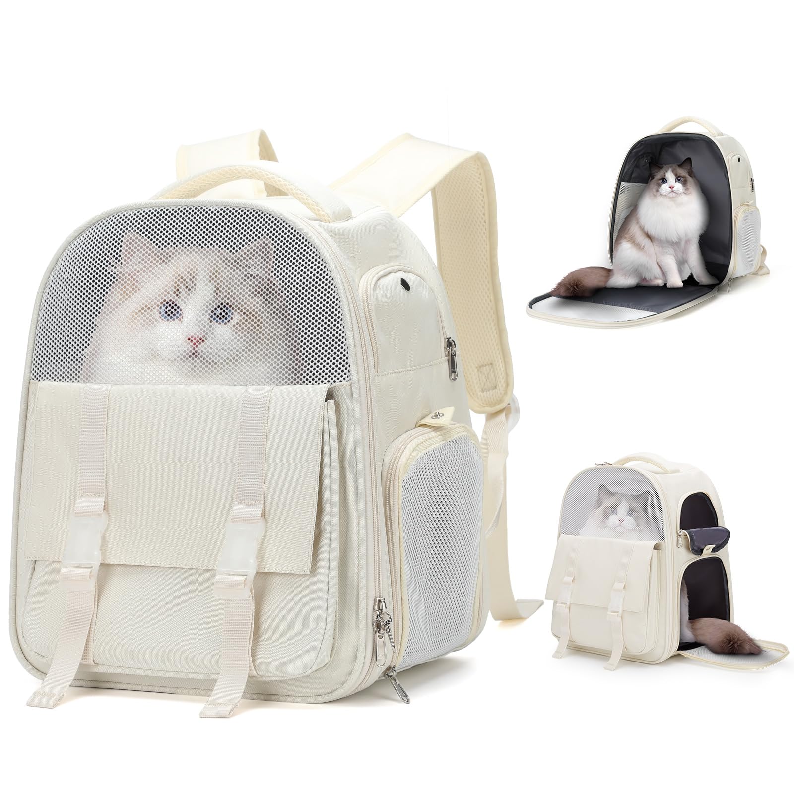 winspansy Transportin Gato, Mochila para Perro Pequeño Mascotas con Ventanas de Red 10kg, Bolso para Perros Gato Pequeños Transporte Ligera Mochila Plegable Portátil Beige