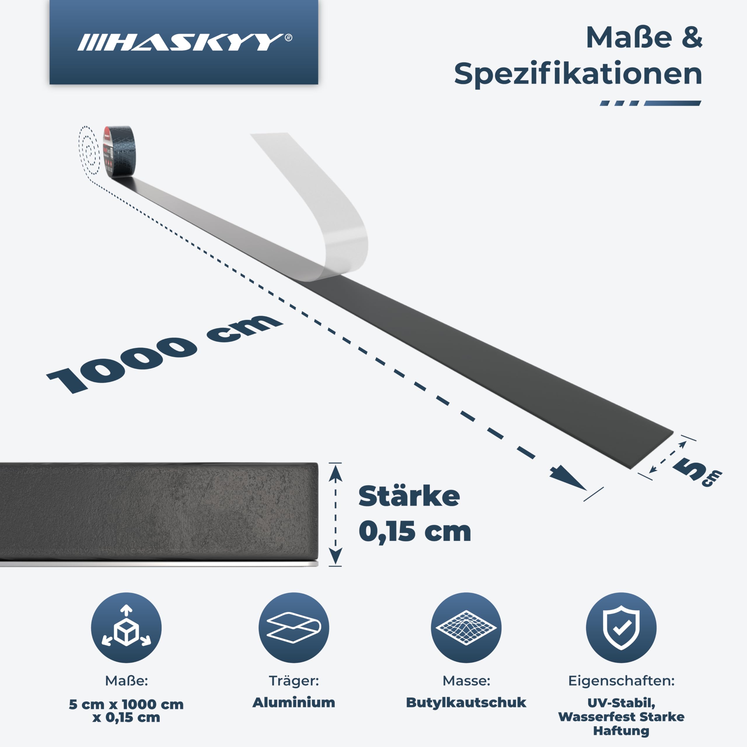 HASKYY Wasserdichtes Klebeband Butylband I 50mm*10m Anthrazit hochwertig selbstklebend mit Aluminiumfolie I Butyl-Tape alterungsbeständig korrosionsbeständig UV-beständig