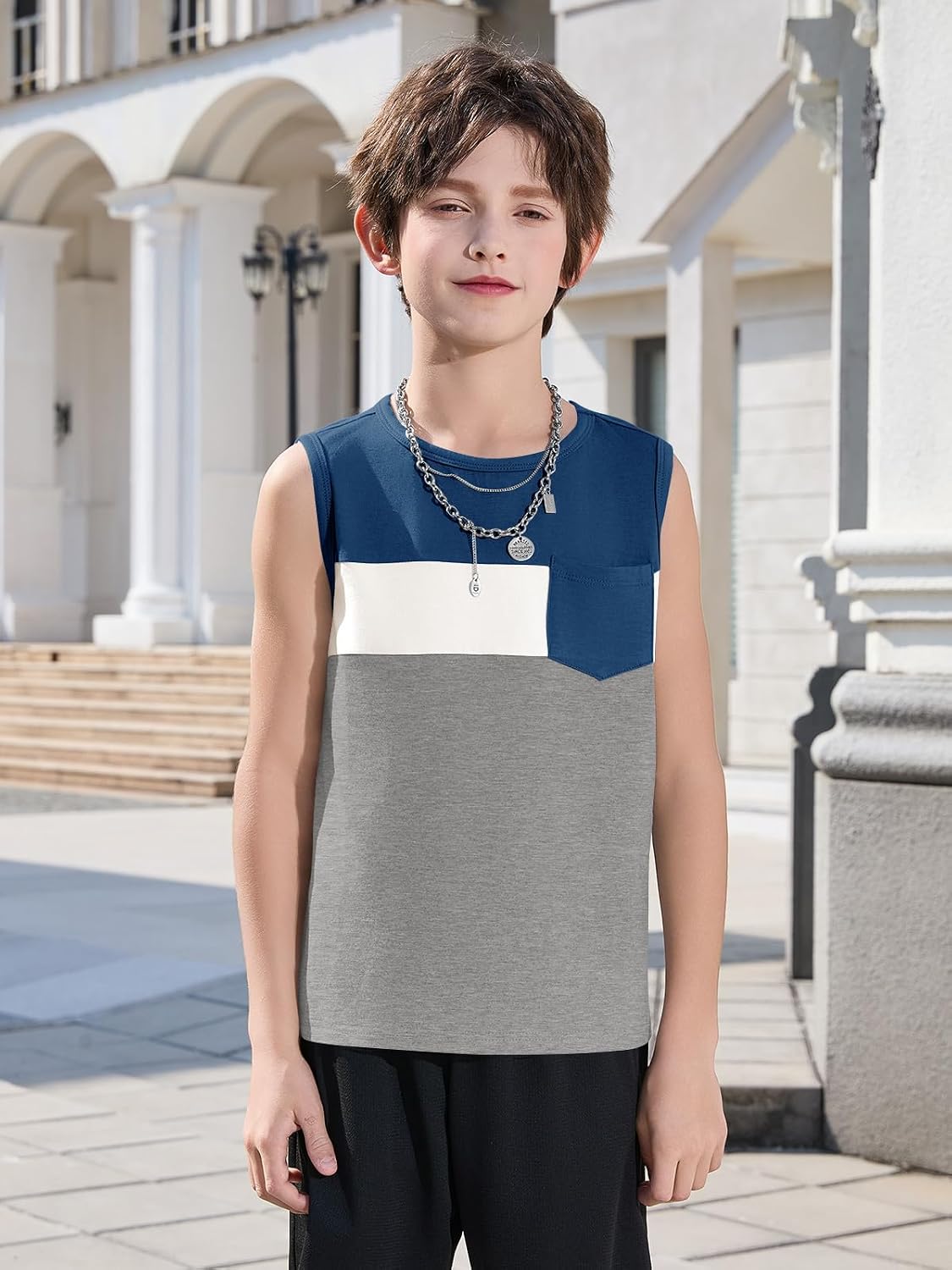 Haloumoning Boys Color Block Tank Tops Kids Summer Sleeveless T-Shirts with Chest Pocket 5-14 Years