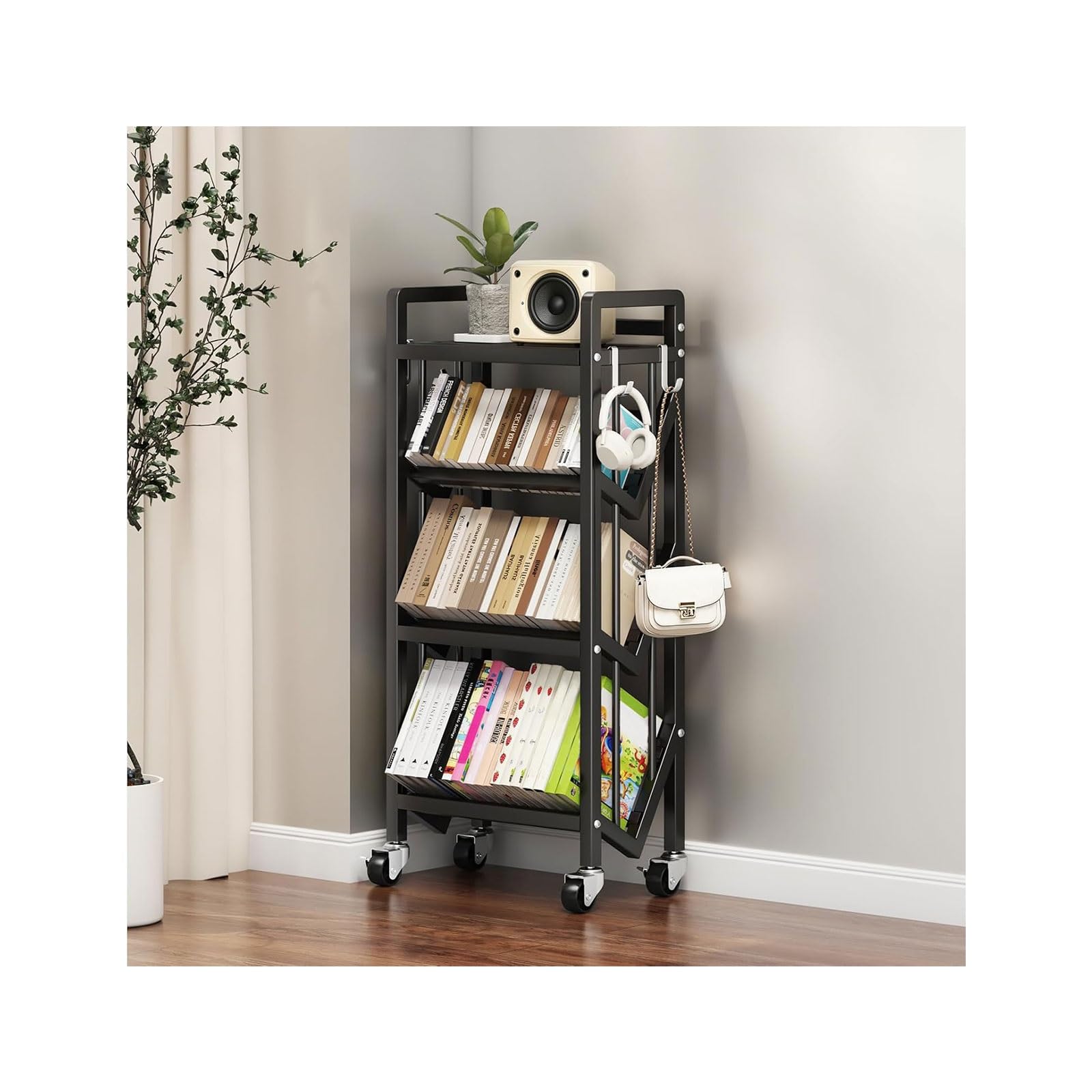 Book Carts with Wheels, Library Rolling Book Cart 2/3/4/5 Tier Movable Bookshelf Mobile Large Capacity L-Shaped Carbon Steel Organizer Rack for Office, Home, Classroom(Black,4 Tiers-19.7x9.8x46.5in)