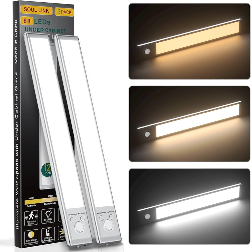 Under Cabinet Lights,88 LED Operated Motion Sensor Light Indoor,2200mAh USB Rechargeable Closet Lights, 2 Pack Magnetic Dimmable Closet Lights,Wireless Under Counter Lights for Kitchen, Stairs