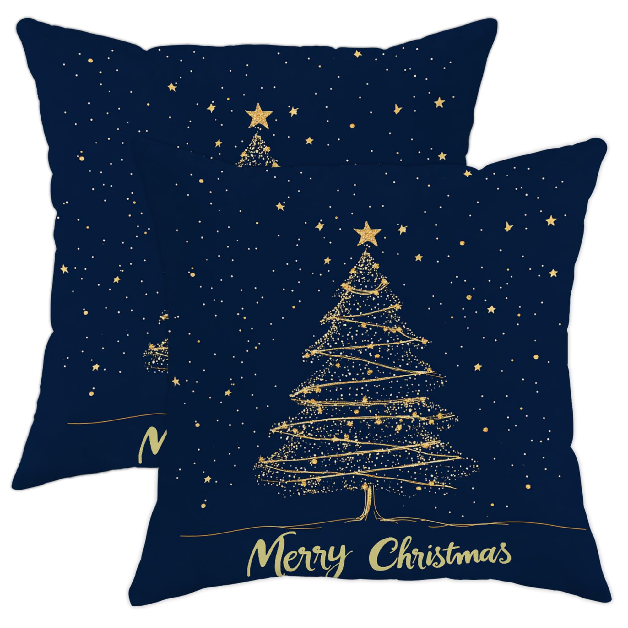 Gold Star Christmas Tree Throw Pillow Covers, Navy Blue Holiday Decor, Festive Cushion Cases for Home Sofa Bedroom Living Room 18x18 Inch