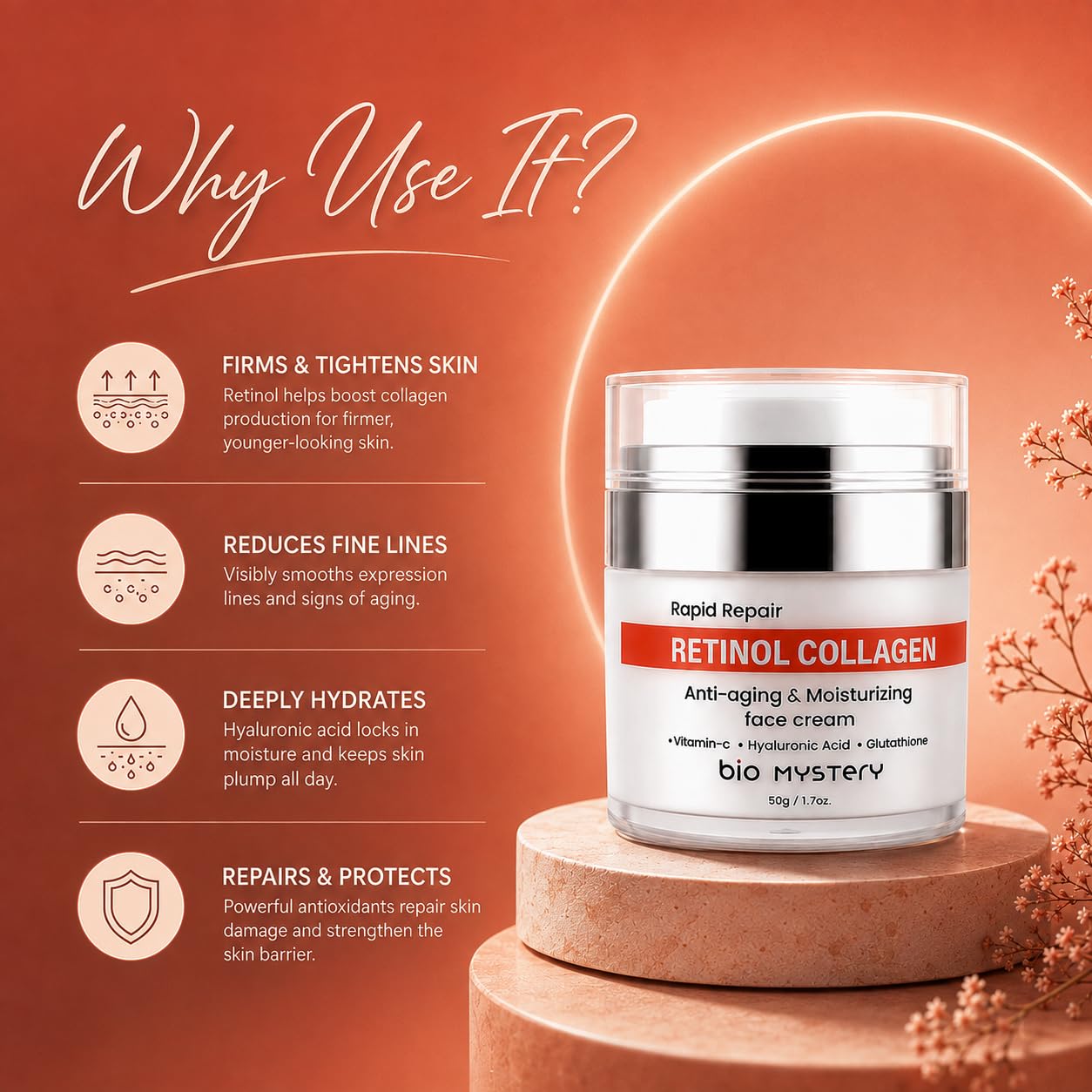 glutathione cream wrinkles Bio Mystery Retinol and Collagen Face - Anti Aging Night Moisturizer with Hyaluronic Acid & Vitamin C Vitamin Complex Sun Cream