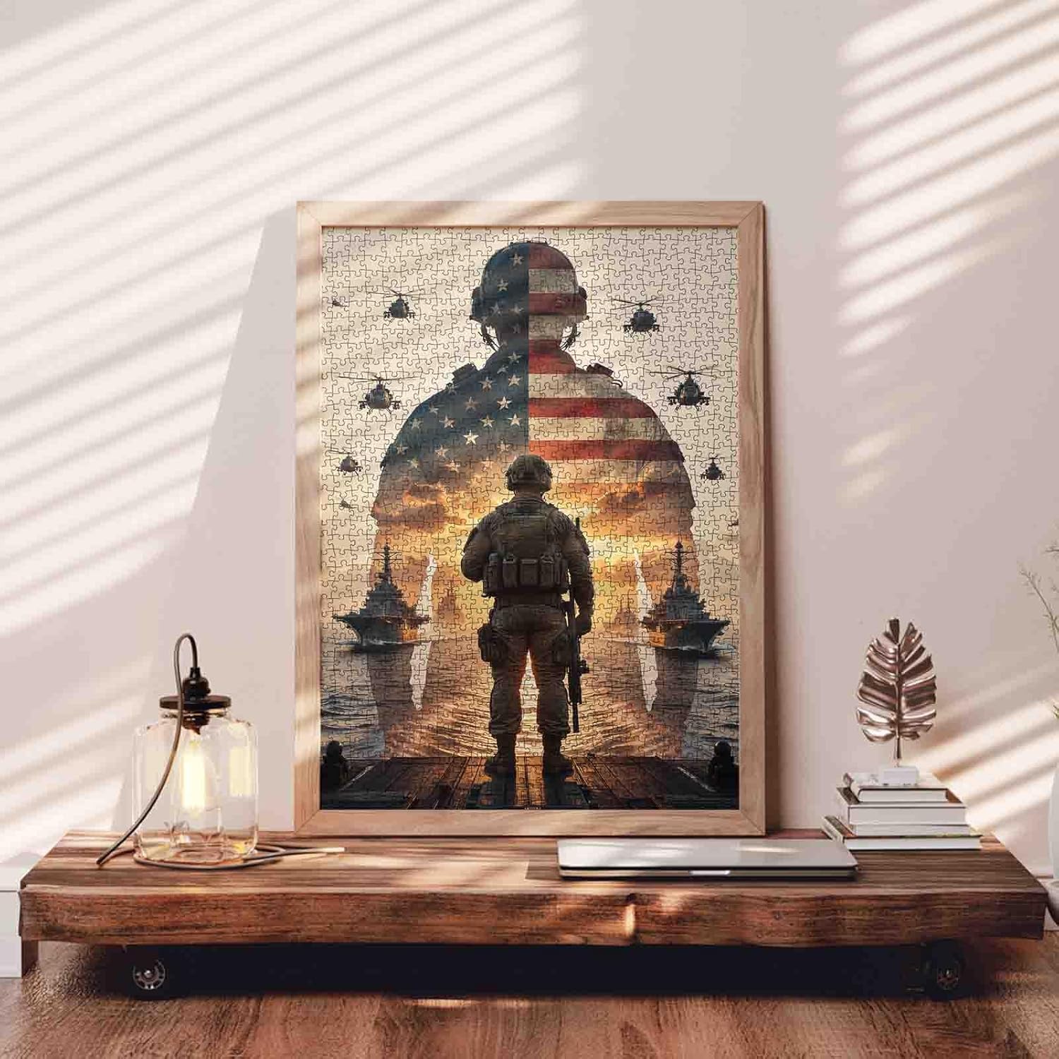 American Flag1000 Piece Jigsaw Puzzles for Adults Silhouettes of USA Soldiers Jigsaw Puzzle Patriotic America Flag 1000 Pieces Puzzles Game Fighter Planes Wall Decor 4th of July DIY Craft Puzzle Art