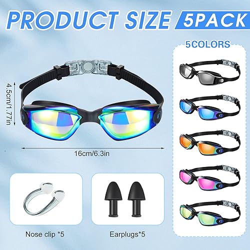 Miniatura 2 de Macarrie 5 pares de gafas de natación antivaho con tapones para los oídos, clip de nariz sin fugas, gafas de protección completa