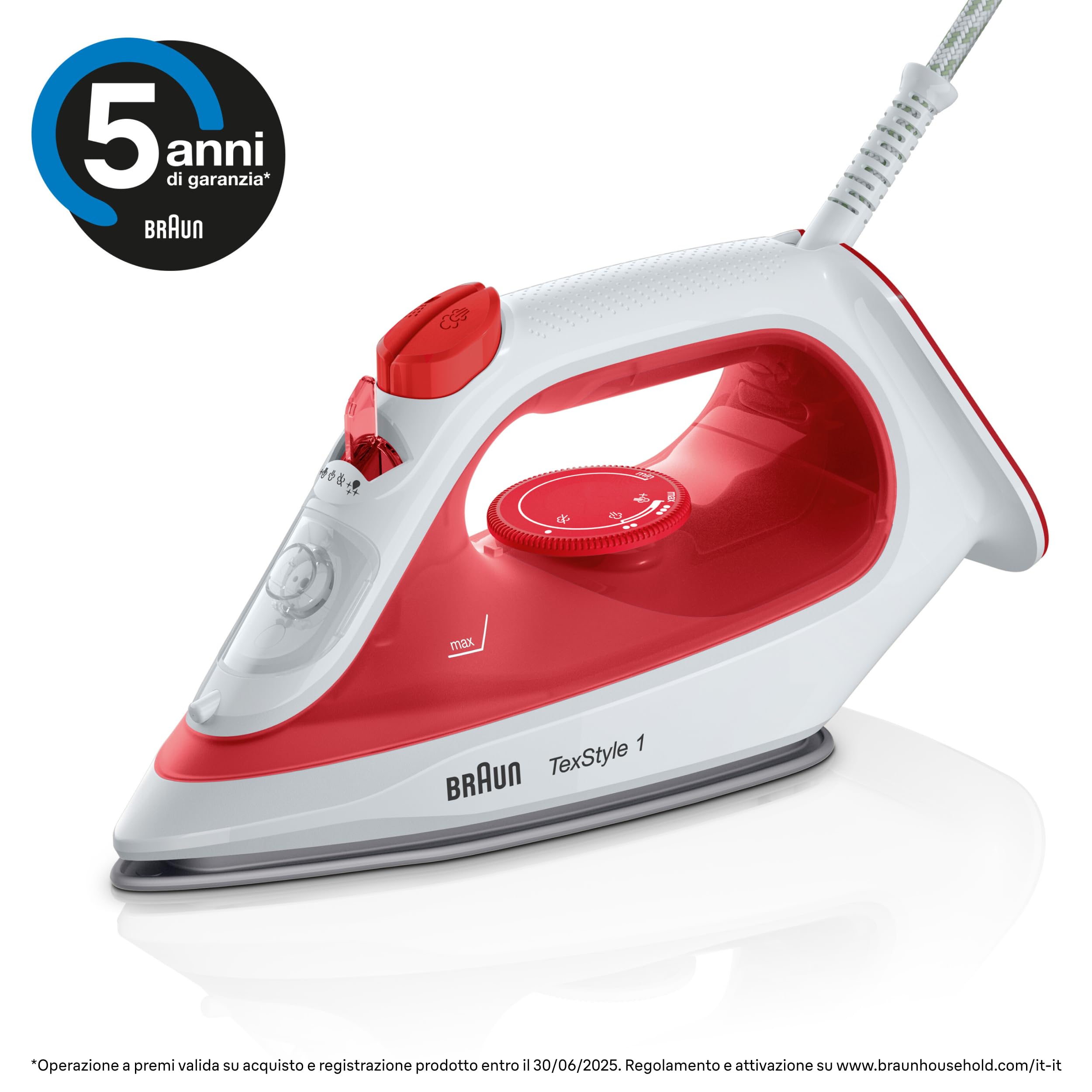 Braun TexStyle 1 SI 1019, Ferro da stiro a Vapore, Rivestimento Antiaderente, Termostato, 25g/min in modalità Turbo, Capacità Serbatoio Acqua 220ml, 1900W, Rosso/bianco