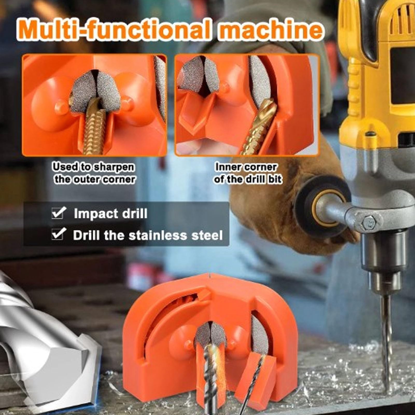 Affilatrice elettrica per punte da trapano per tutte le punte, smerigliatrice per trapano portatile multiuso, utensile per affilatura per acciaio temprato, carburo di torsione, arancione cobalto
