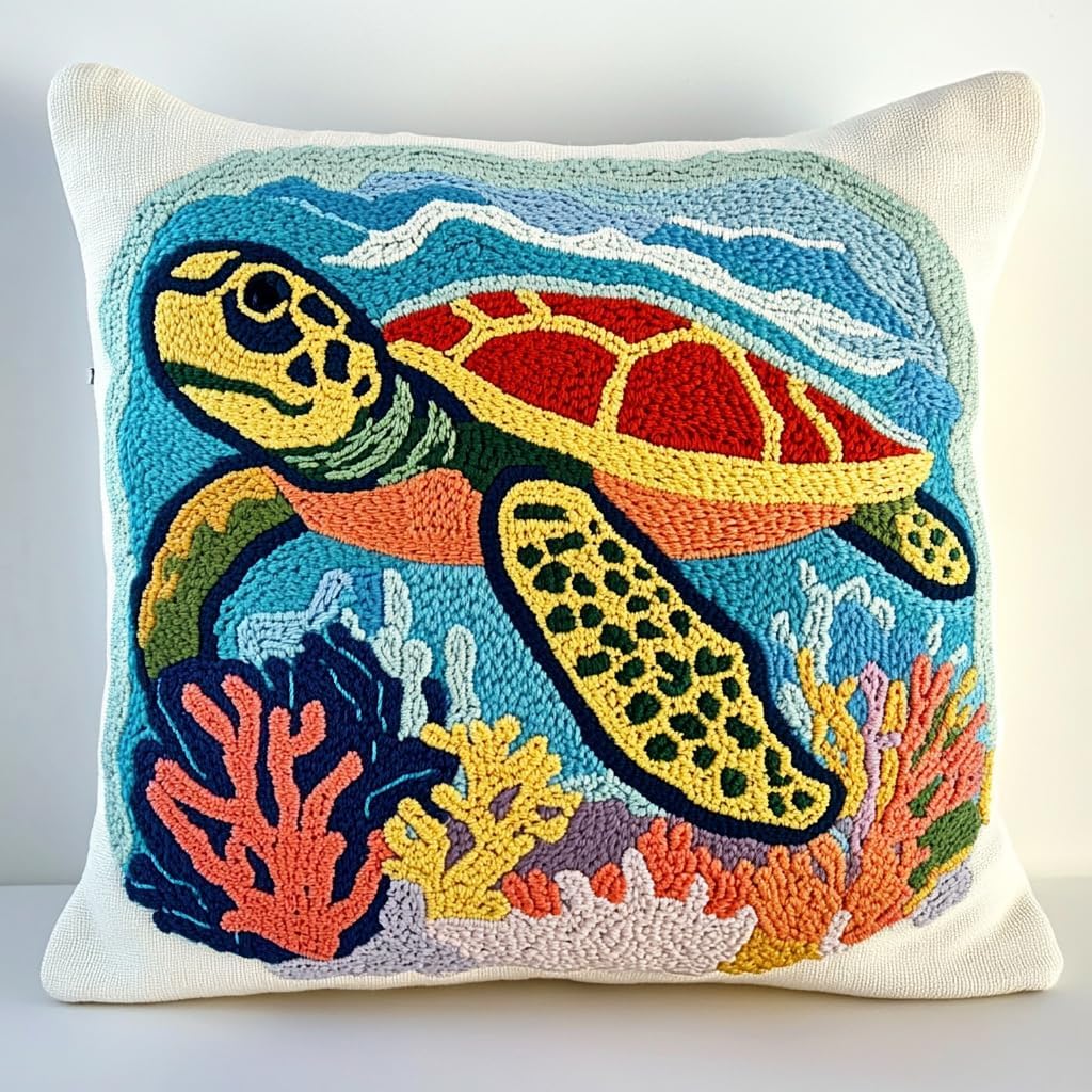 DIY Punch Needle Pillow Kit Green Sea Turtle and Corals with Pattern and Hoop Handmade Embroidery Punch Needle Starter Pillowcase Set for Home Sofa Decor 43x43cm-1-25