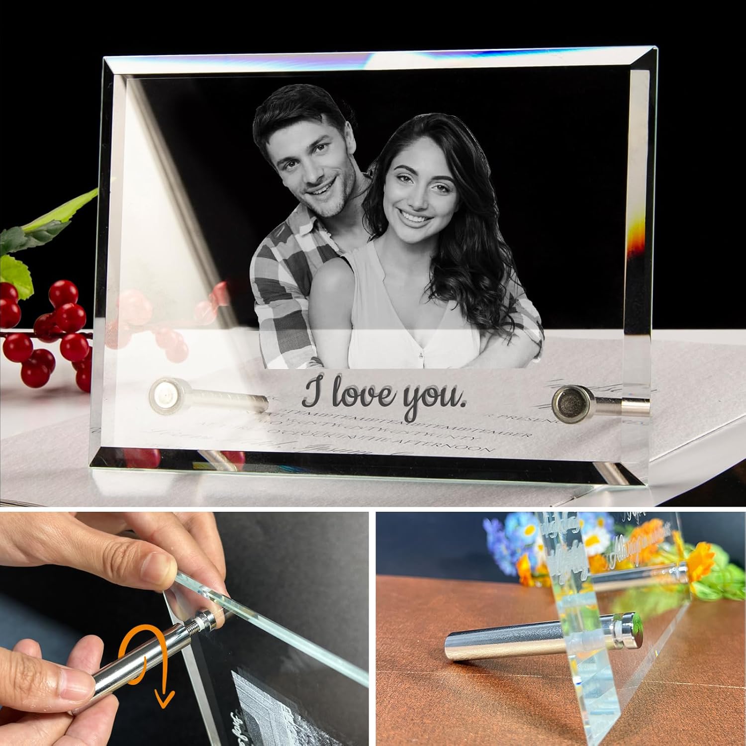 Personalized Crystal Photo Frame, Custom Engraved Crystal Picture Frame, Personalized Keepsake Photo Gifts for Mothers Fathers Day Birthday Valentine's Day Christmas