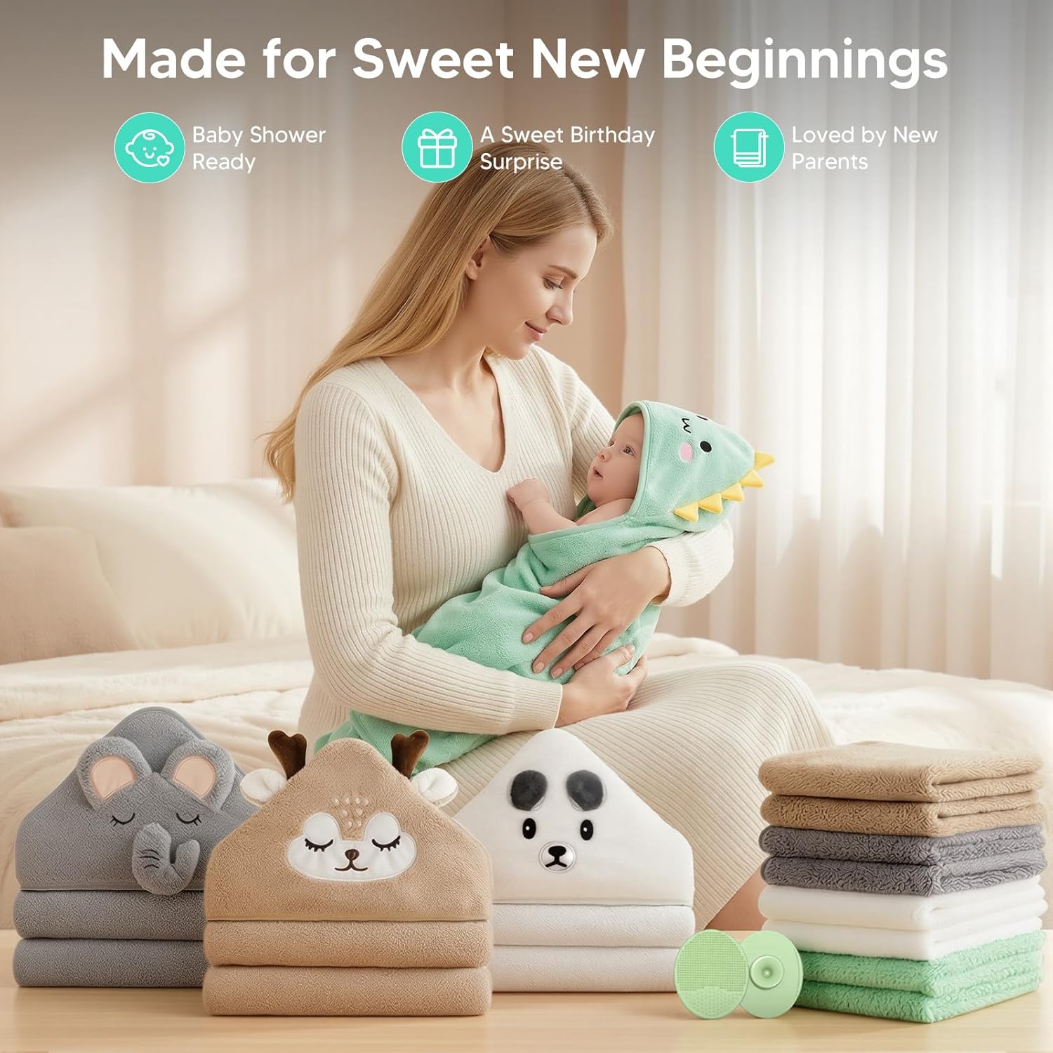 14-Piece Baby Bath Towels Set with 4 PCS Hooded Baby Towels, 8 PCS Washcloths & 2PCS Bath Brush for Infants & Toddlers, Ultra Absorbent Newborn Bath Essentials Gift for Boys & Girls