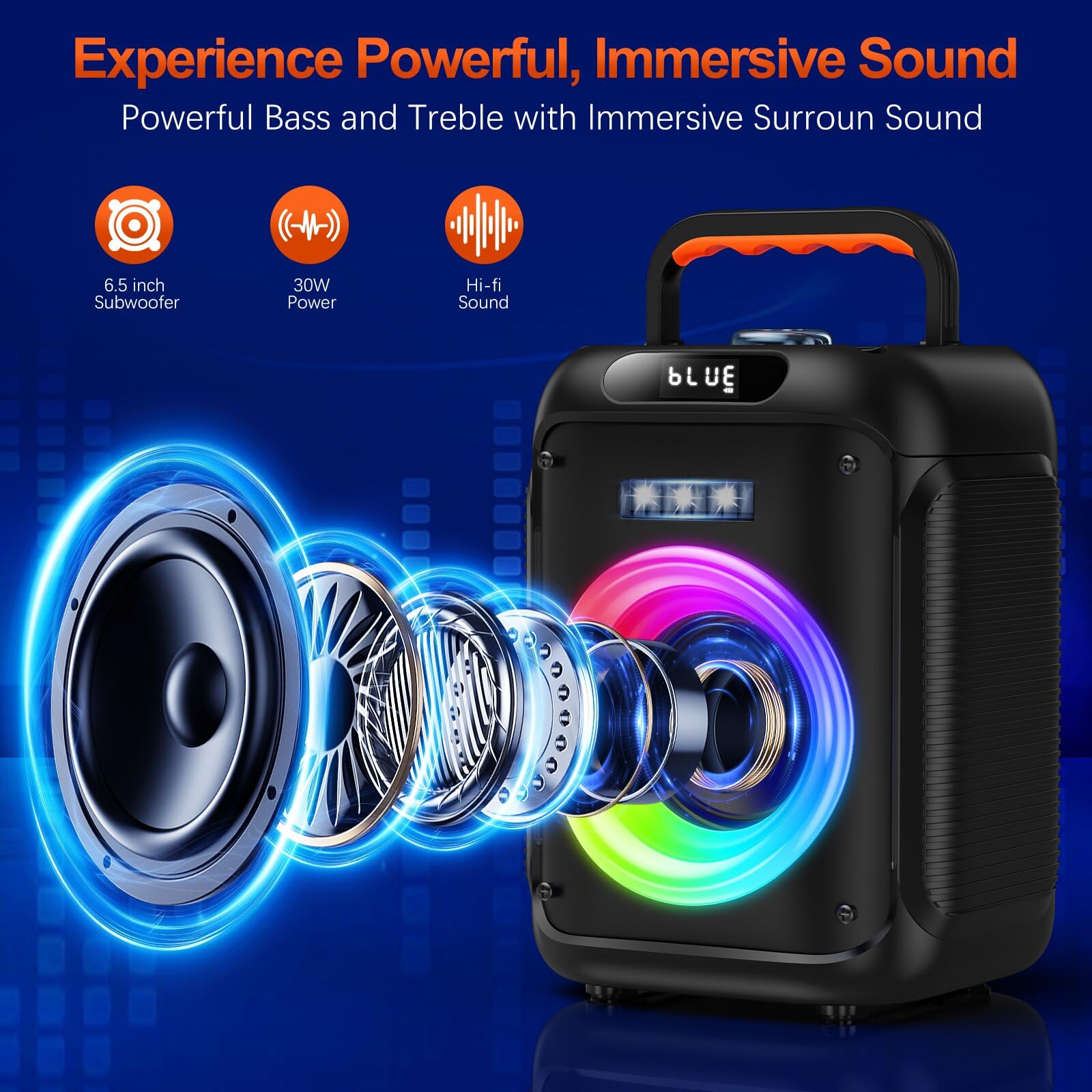Karaoke-Maschine mit 2 Mikrofonen für Erwachsene Kinder, Bluetooth-Caraoke-Lautsprecher mit Bass/Höhenverstellung, PA-System mit Fernbedienung/LED-Lichter, unterstützt Rec/USB/AUX (dunkelschwarz)