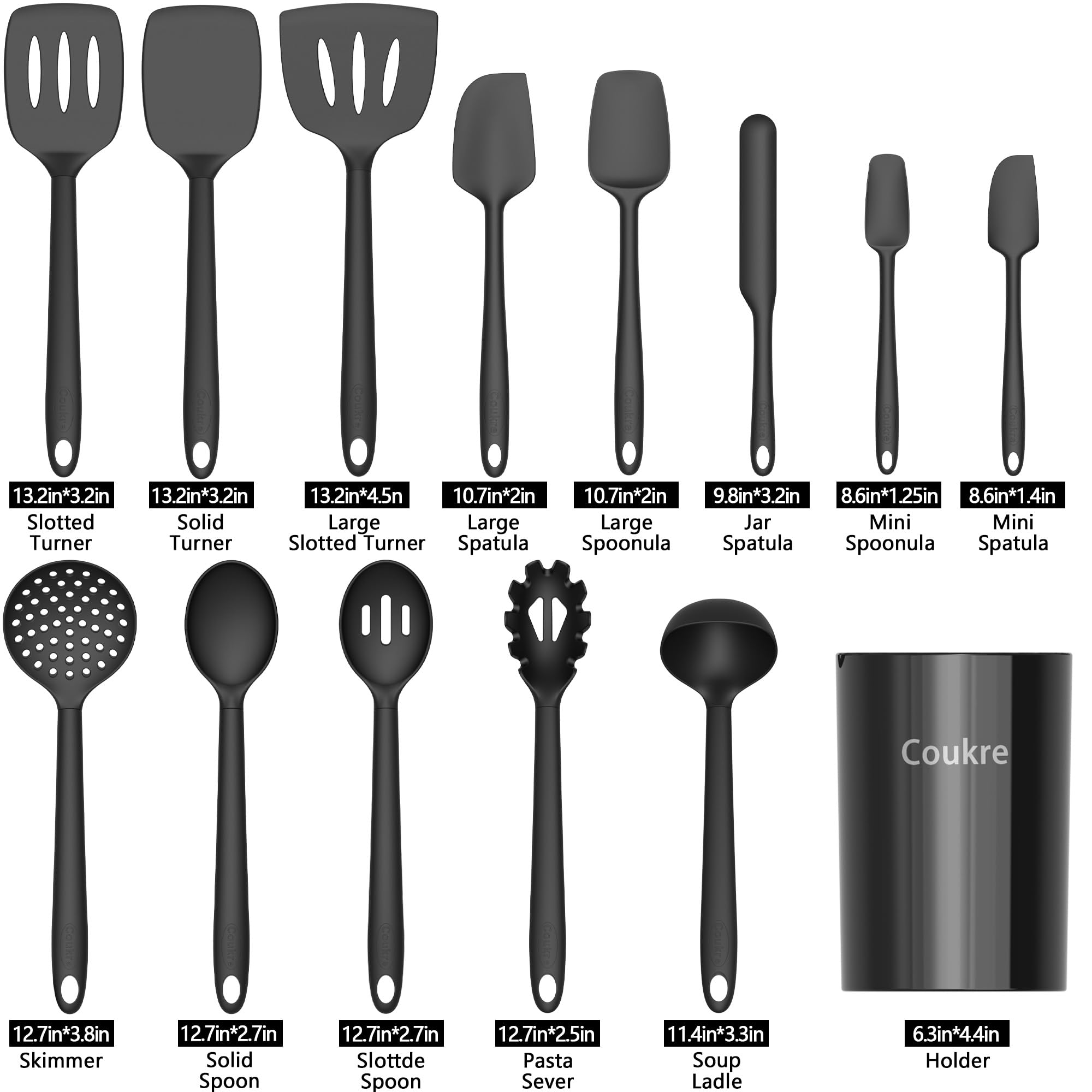 Coukre Silikon-Küchenutensilien-Set mit Halter, hitzebeständig, lebensmittelechte Küchenutensilien, Spatel, Löffel & Gadgets für antihaftbeschichtete Pfannen, spülmaschinenfest (14, PureBlack)