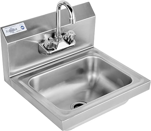 Profeeshaw Commercial Hand Sink 304 Stainless Steel Wall Mount Utility Sink | NSF, 17''x15'' Wash Basin with Gooseneck Faucet, Drain Basket and Backsplash, for Kitchen, Restaurant, Bar and Home