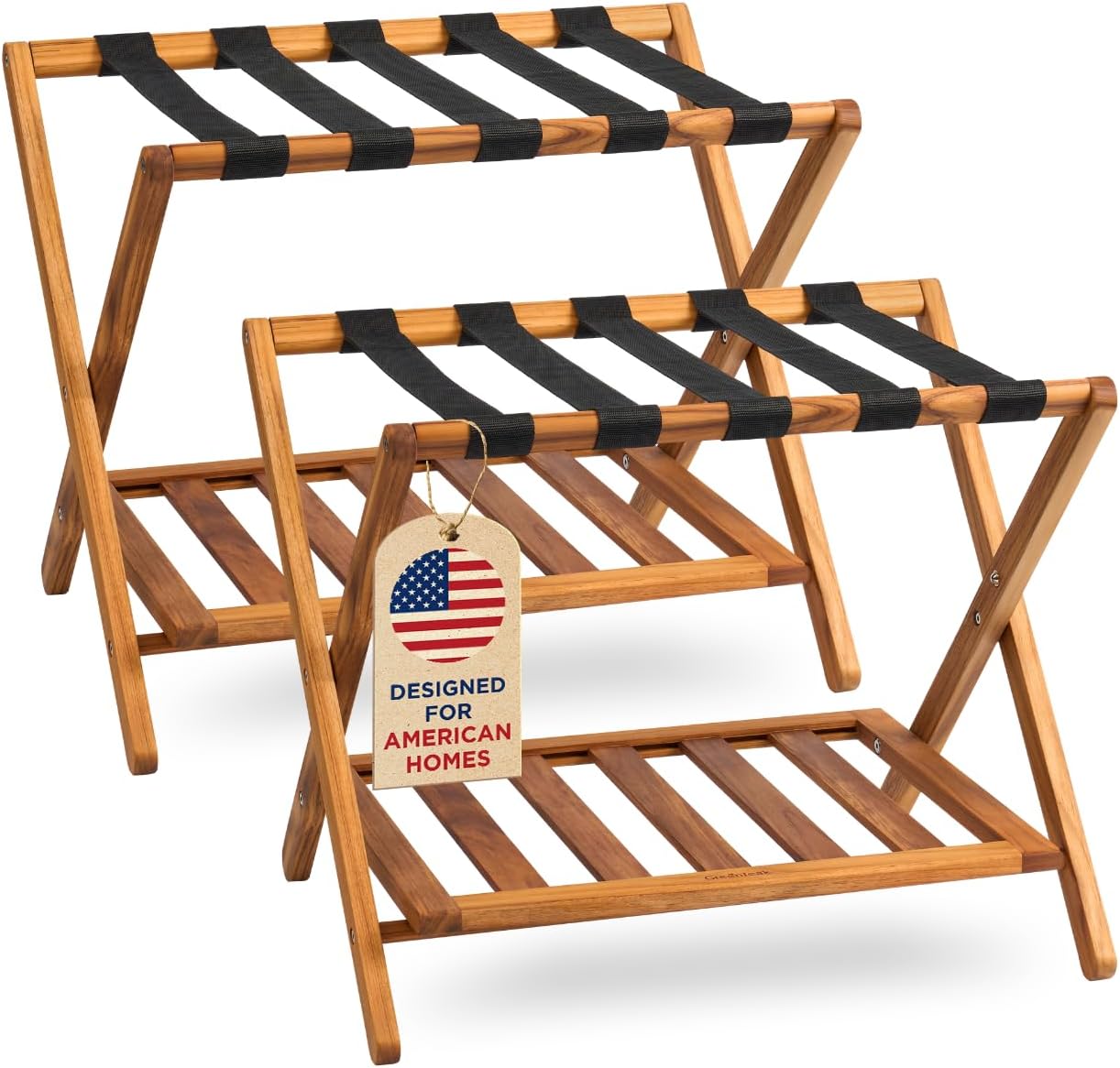 Premium 25" Teak Wood Luggage Rack, Foldable Suitcase Stand with Storage Shelf, Ergonomic Height for Easy Packing, Heavy-Duty Straps for Guest Room, Hotel & Bedroom, 176 Lbs Capacity