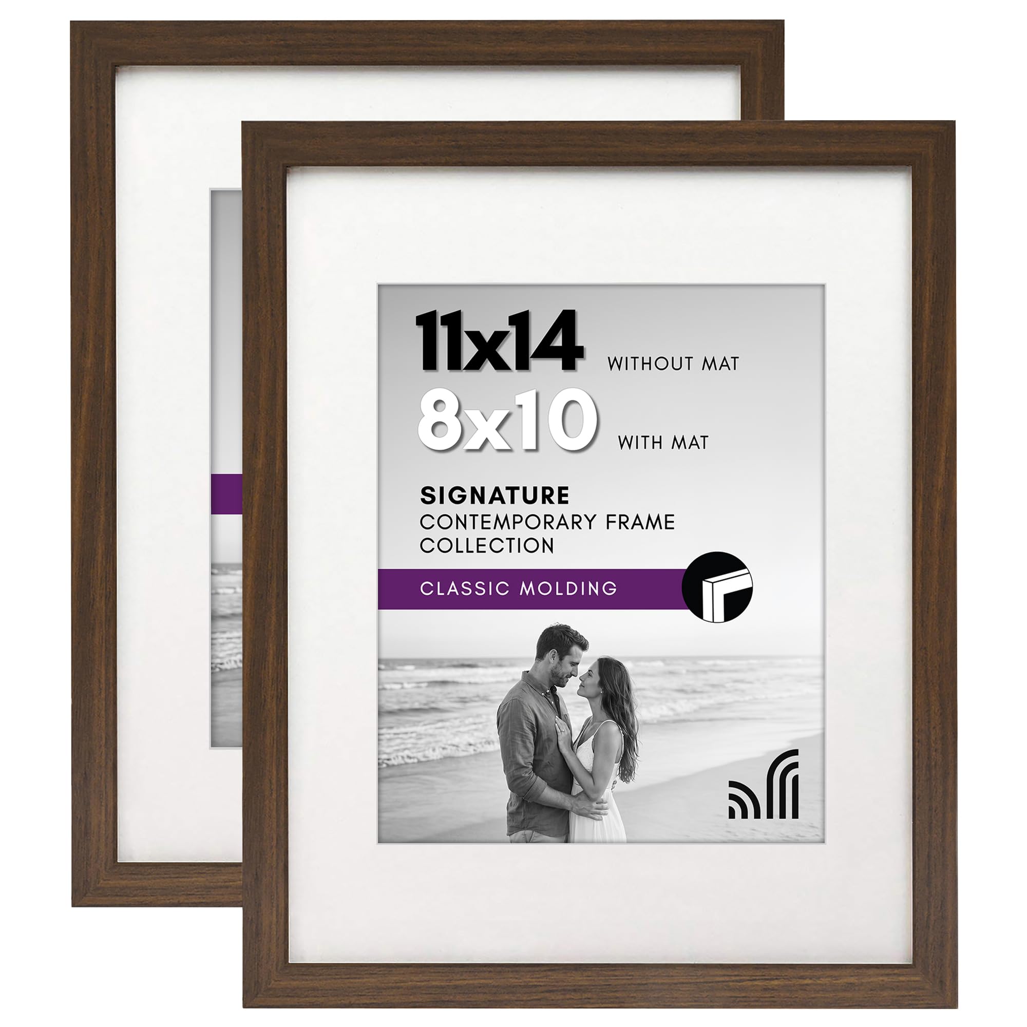 Americanflat 11x14 Walnut Picture Frame with Shatter-Resistant Glass - Displays 8x10 Photos with Mat or 11x14 without Mat - 2 Pack