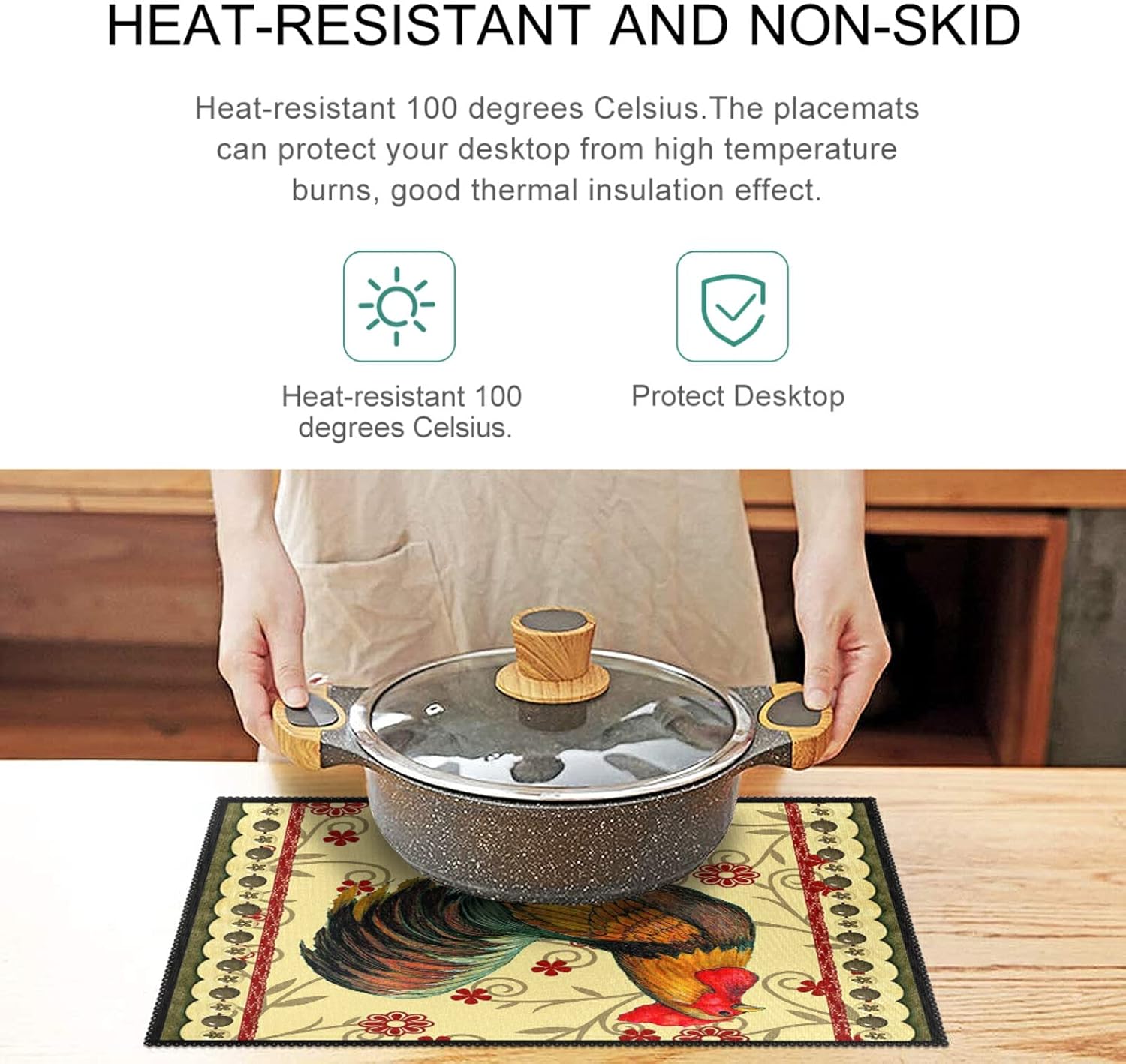 visesunny Placemat Table Mat Desktop Decoration Country Rooster Placemats Set of 6 Non Slip Stain Heat Resistant for Dining Home Kitchen Indoor 12x18 in : Home & Kitchen
