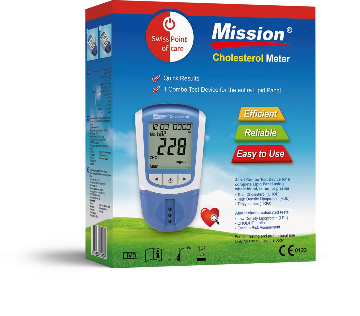 Mission 3 in 1 Cholesterin Messgerät im Starterpack | 1 Mission Cholesterol Meter, 5 Cholesterin Teststreifen, 5 Kapillarröhrchen, 5 Stechhilfen | genaue Cholesterinmessung