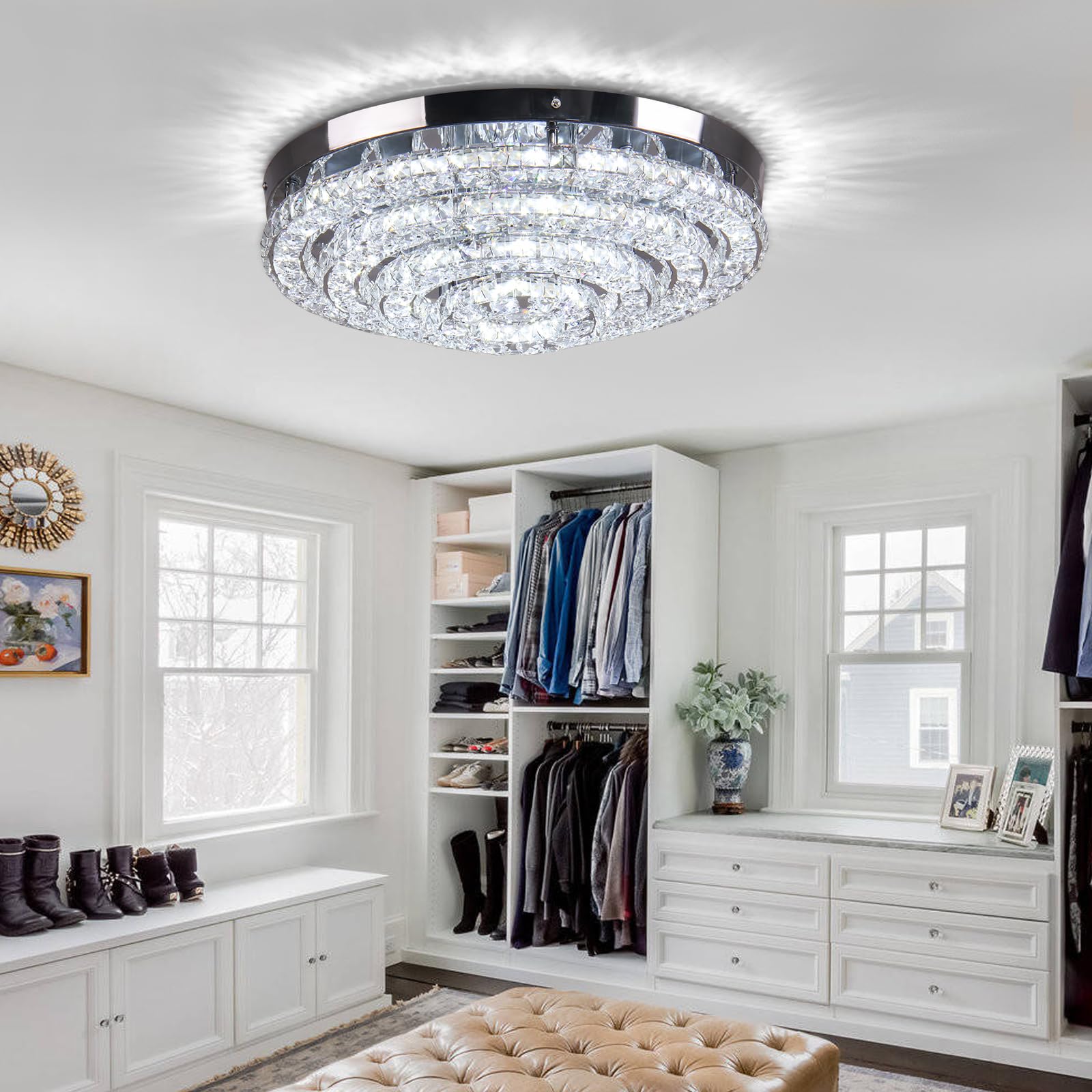 FRIXCHUR 45 cm Runde Kristall LED Deckenleuchte, 6000K Tageslichtweiß | Moderne Edelstahl-Deckenlampe mit Kristalloptik für Wohnzimmer, Schlafzimmer, Küche und Flur; klares kaltweißes LED-Licht