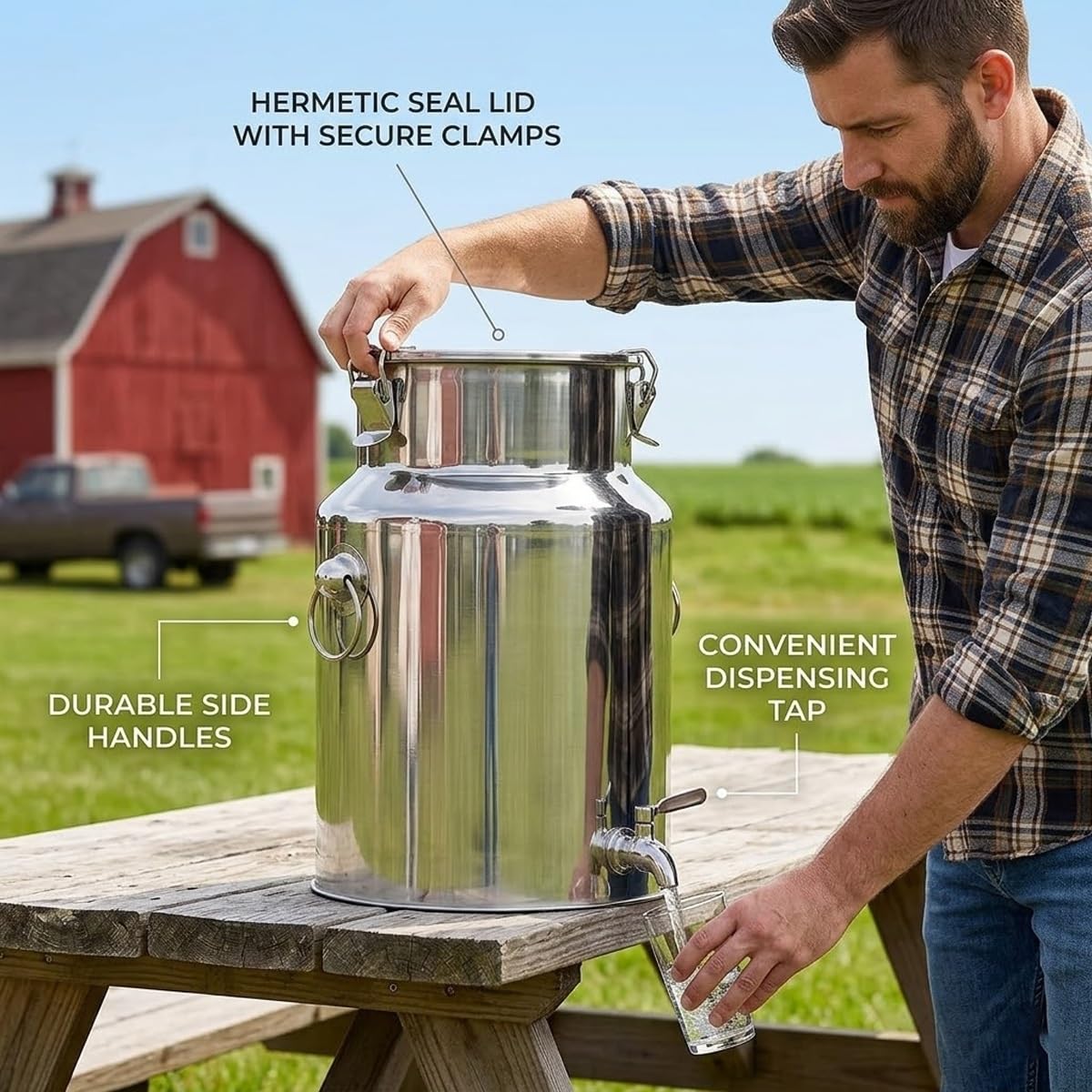 Heavy Du 304 inless Steel Milk Can & Beve Dozownik - 64 l / 40 l z hermetyczną pokrywką i czopem, przenośny płyn do wina, oleju, soków i nie tylko