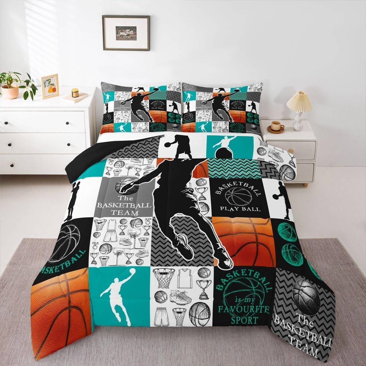 Couette 240x260 Basket Ball lavable avec 2 taies d'oreiller pour lit 2 personnes