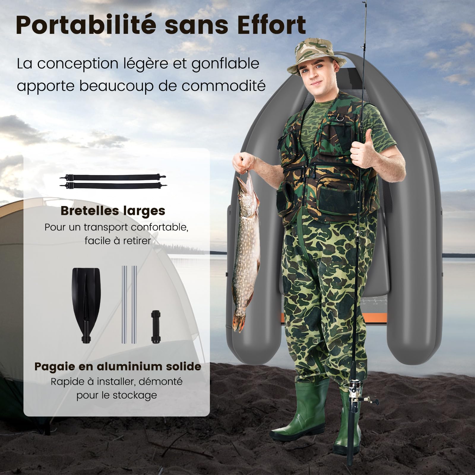 COSTWAY Bateau de Pêche Gonflable avec Sangles Ajustables Palmes et Pagaies en Aluminium, Bateau Gonflable avec Poches de Rangement, Crochet à Poisson, Capacité de Charge de 160 KG