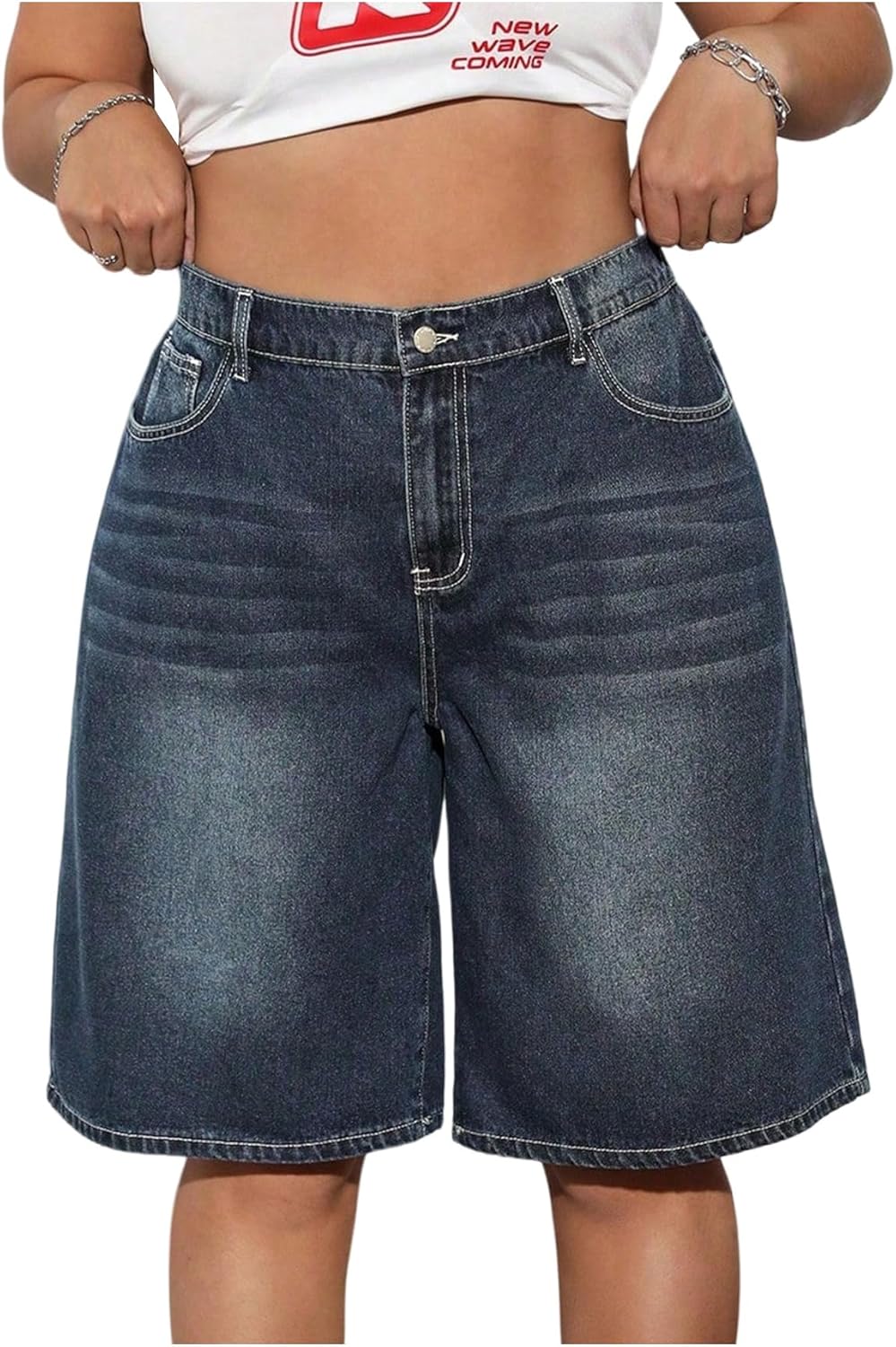 WDIRARA Women's Plus Size Bermuda Denim Shorts High Waisted Wide Leg Baggy Jean Shorts