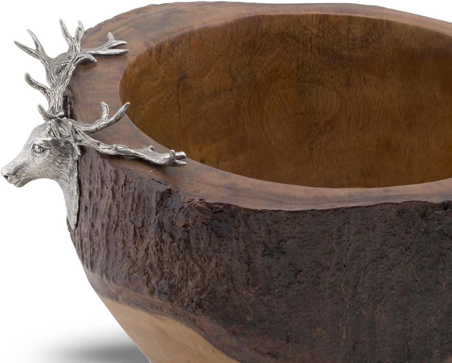 Vagabond House Elk/Deer Head Rustic Wood Salad Bowl with Natural Bark Edge Artisan Designed Handcrafted for Refined Cabin Lodge Mountain Decor Heirloom Quality 13 inch Wide x 7 inch Tall