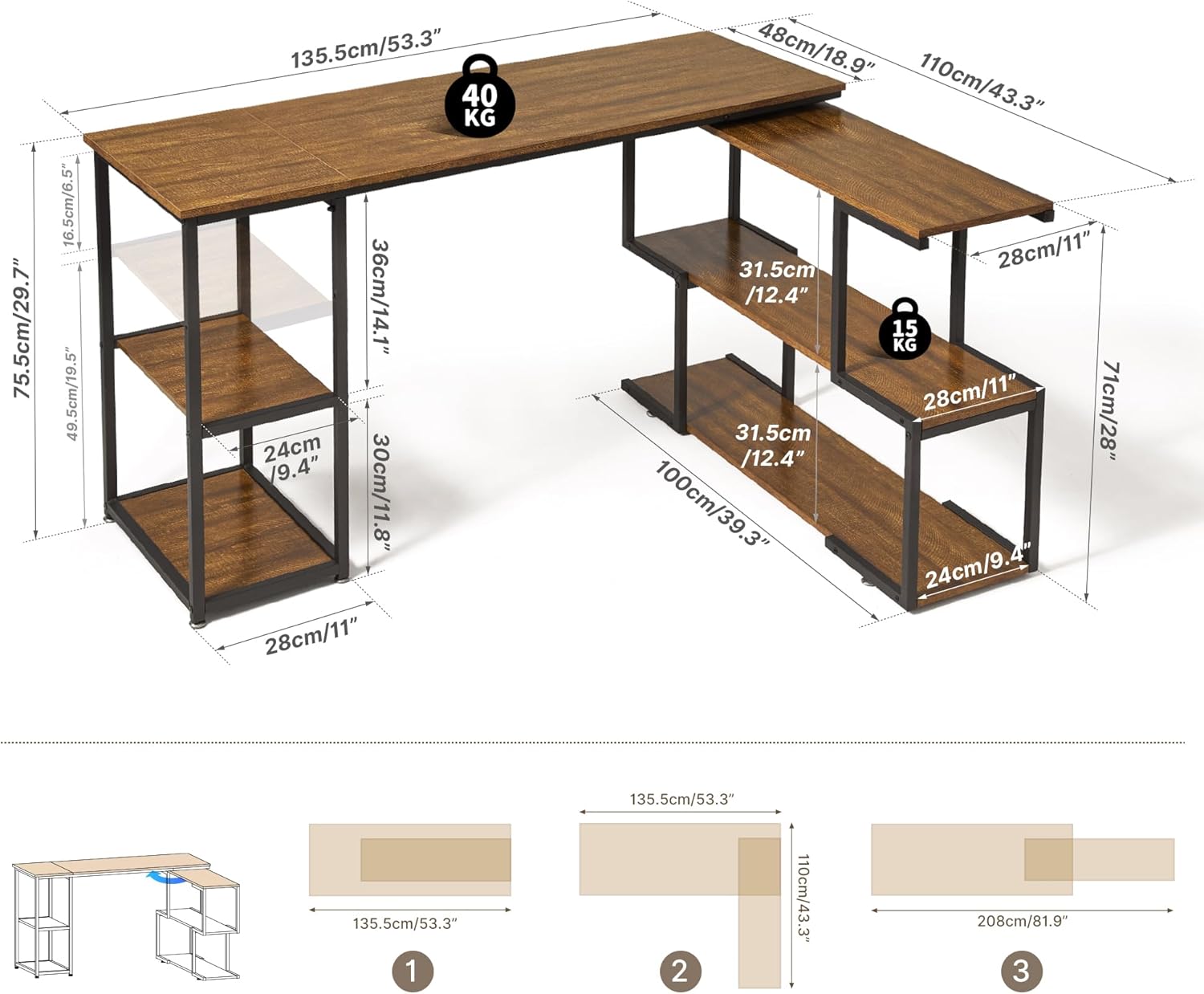 Mondeer L-Shaped Computer Desk dimensions and weight capacities