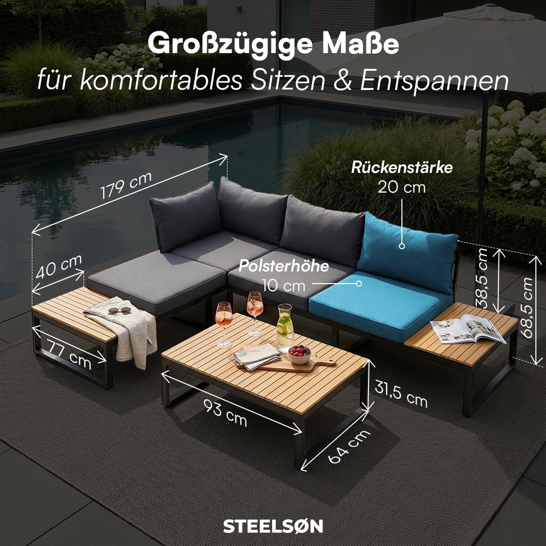 STEELSØN Zandra Gartenlounge Outdoor – modulares Gartenmöbel Set mit Ecksofa & Tisch wetterfest – Balkonmöbel aus Akazien Holz & Stahl mit Kissen in schwarz – Loungemöbel für Garten/Terasse/Balkon