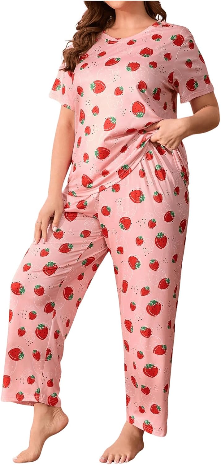 WDIRARA Women's Plus Size 2 Piece Strawberry Print Pajama Set Round Neck Short Sleeve and Pants Sleepwear - Image 6