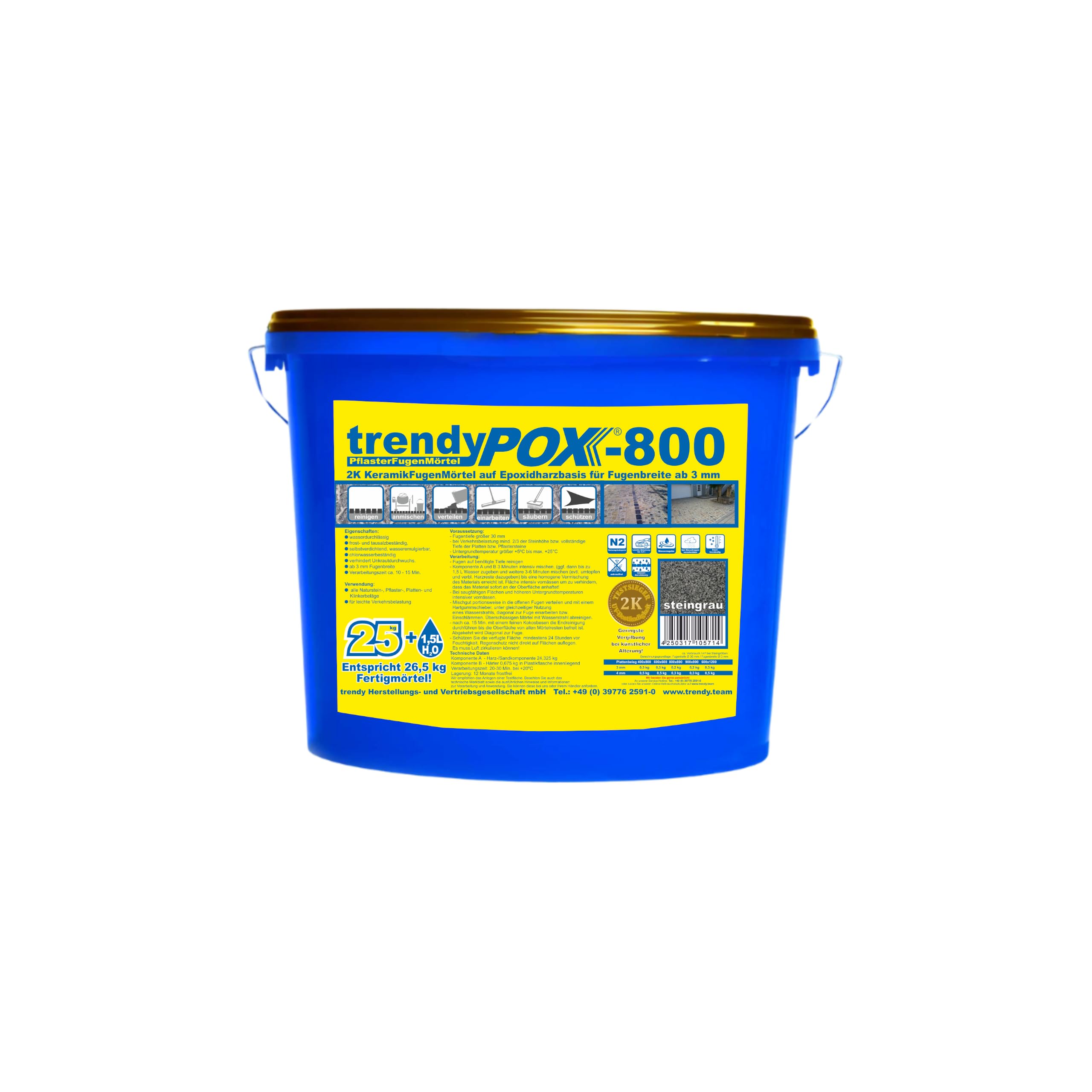 2K Pflasterfugenmörtel EP-800, Epoxidharz, Wasserdurchlässig, für Naturstein, Pflaster, Platten & Klinker, Fugen ab 3 mm, Belastbar bis 3,5 t, Farbe: steingrau