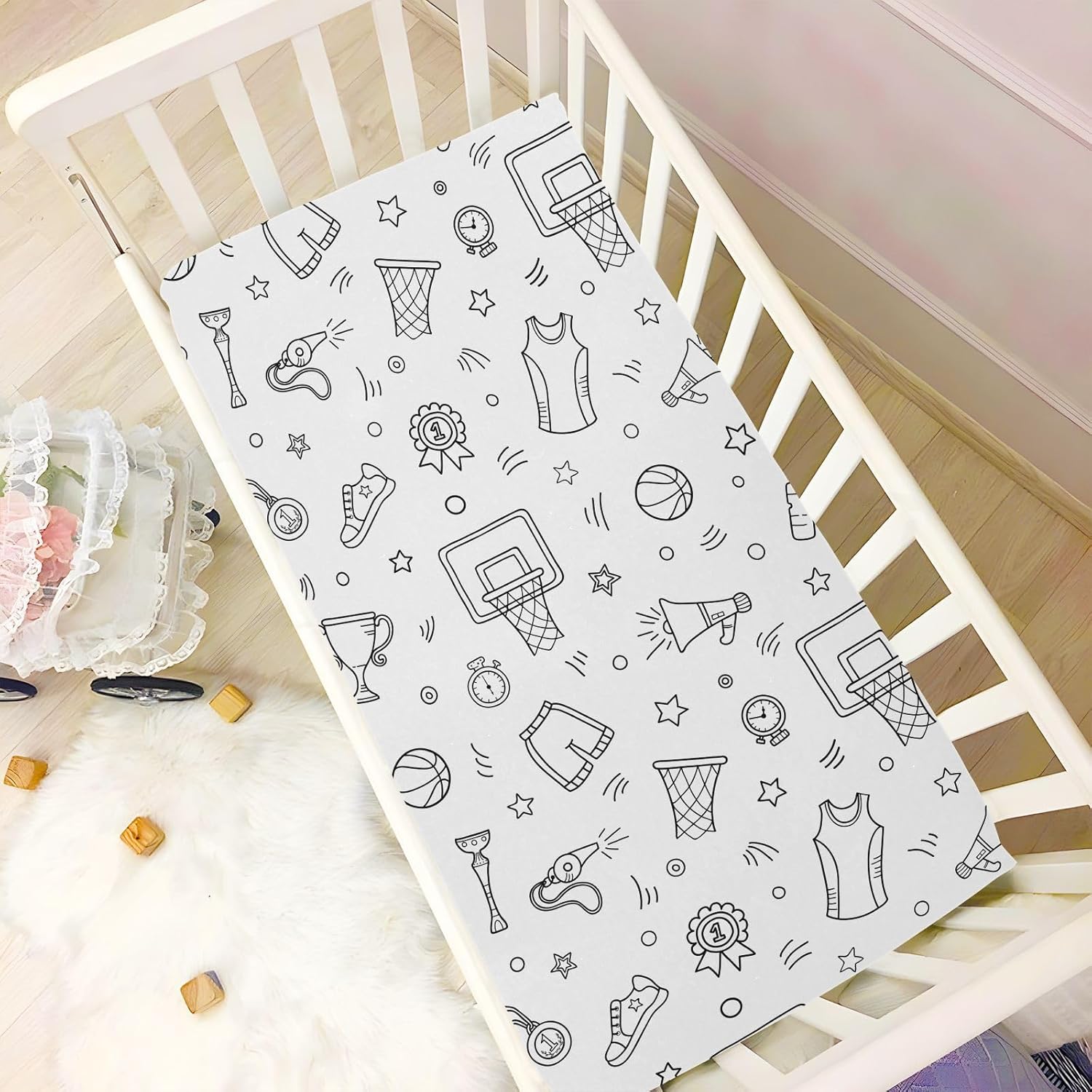 Fitted Crib Sheets Basketball Sport Stretchy Portable Playard Sheets for Baby Toddler, Breathable Soft Mini Crib Mattress 52 x 28 in for Boys and Girls