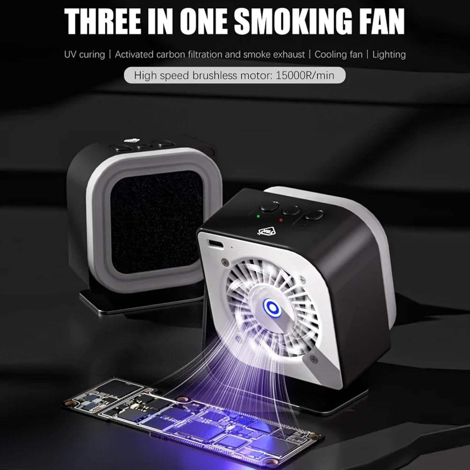 DIYPHONE Mini Solder Fume Extractor Fan,Solder Smoke Absorber with Activated Carbon Filter, 4 in 1 UV Curing Smoke Exhaust Liginting Lamp Cooling Fan for Electronic Mobile Phone Motherboard Repair