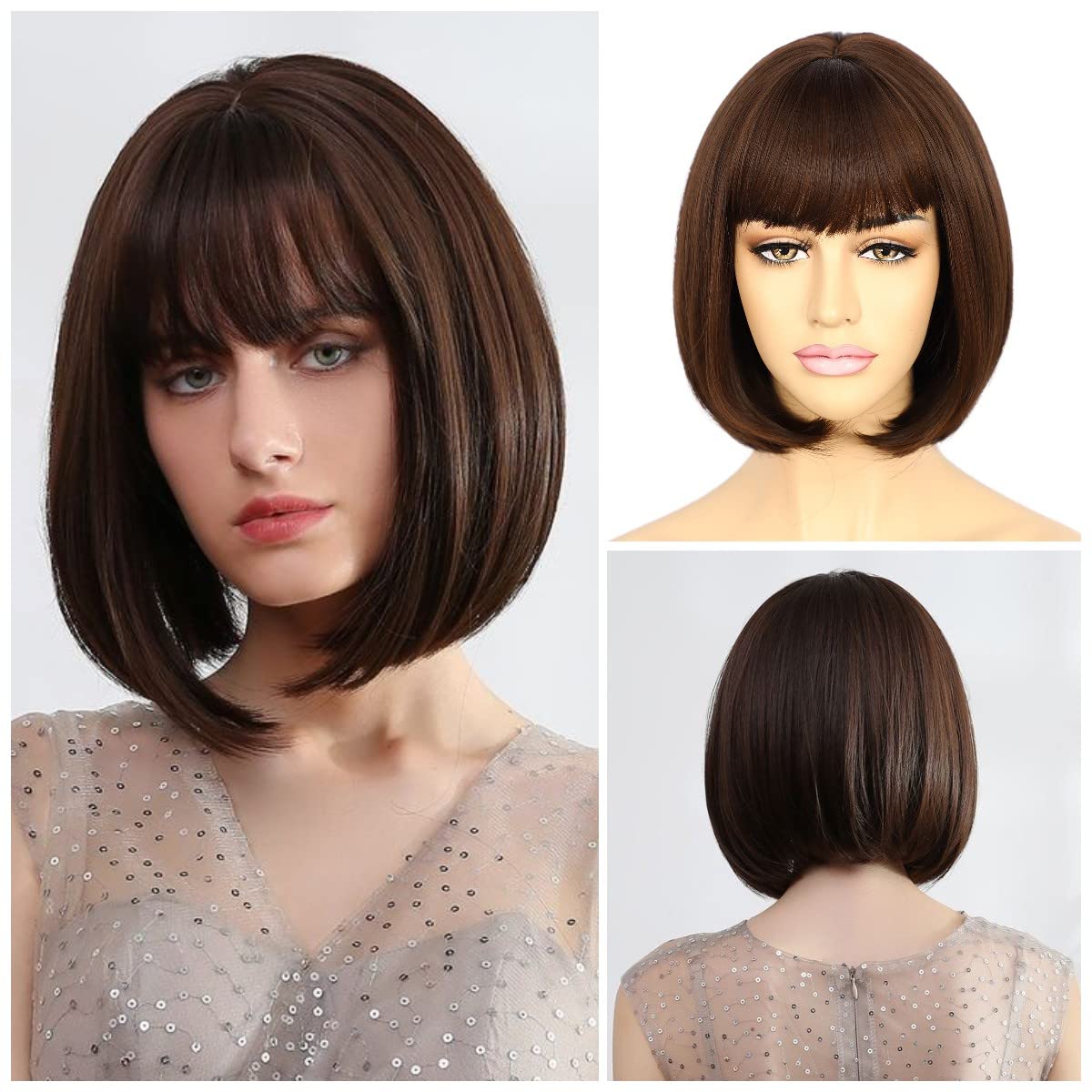 Sapphirewigs Dark Brown Bob Wigs for Women Bangs Short Brown Bob Wig Daily Party Hair Natural Looking 12 inch