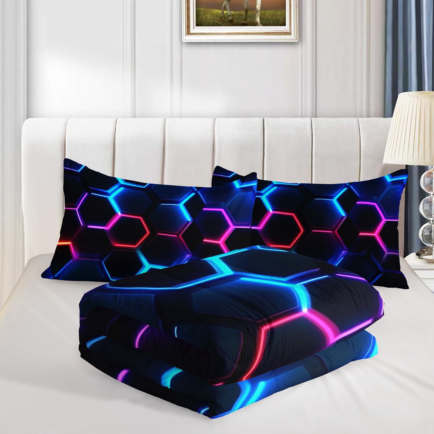 Hexagon Geometric Comforter Set Honeycomb Bedding Sets,Blue Neon Gamer Comforter Sets for Boys Men Kids Room Decor,Full Size Bedding Comforter Sets with 2 Pillowcases.
