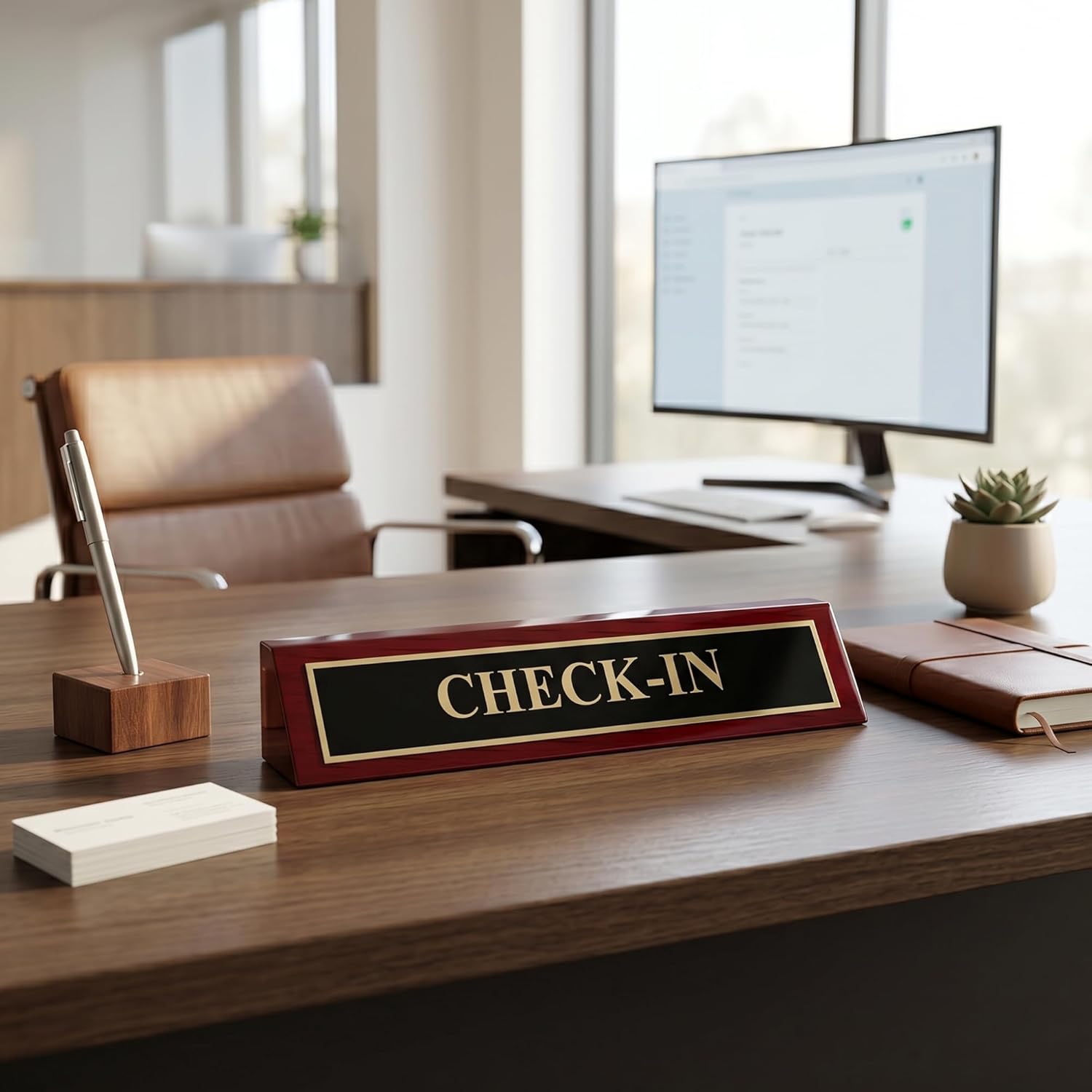 Piano Finish Rosewood Desk Name Plate “Check-In” – 2" x 8" Engraved Plaque with Black/Gold Plate, Office Desk Sign