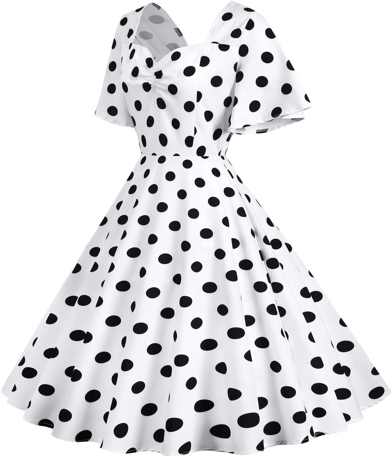 Retro Dot Women's Mid-Length Travel Wave Sleeve Dress Hem Short Polka Style Hem Women's Dress Long Cotton Dress (AE-White, XXL)